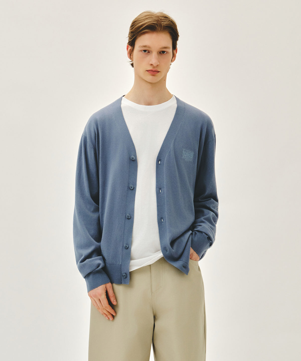 Marithe & Francois Girbaud - Small Classic Logo V-neck Knit Cardigan (Vintage Blue) product image 1 | TRAB K-Fashion Australia