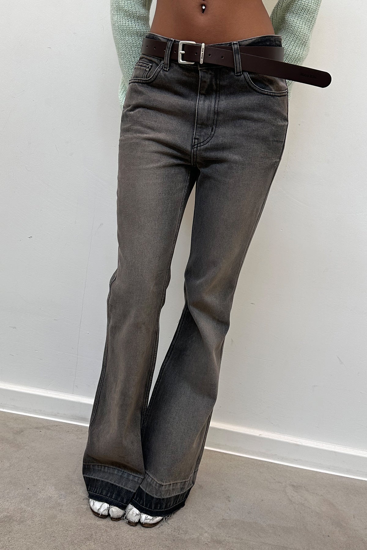 Matin Kim - Back Pocket Point Washed Boots Cut Denim Pants (Grey) product image 6 | TRAB K-Fashion Australia