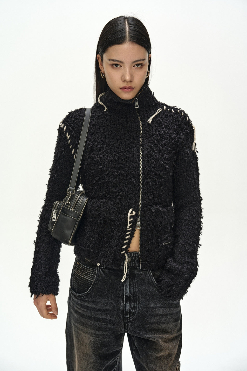 Andersson Bell - Hand Stitched Hairy Zip-Up Cardigan (Black) product image 1 | TRAB K-Fashion Australia
