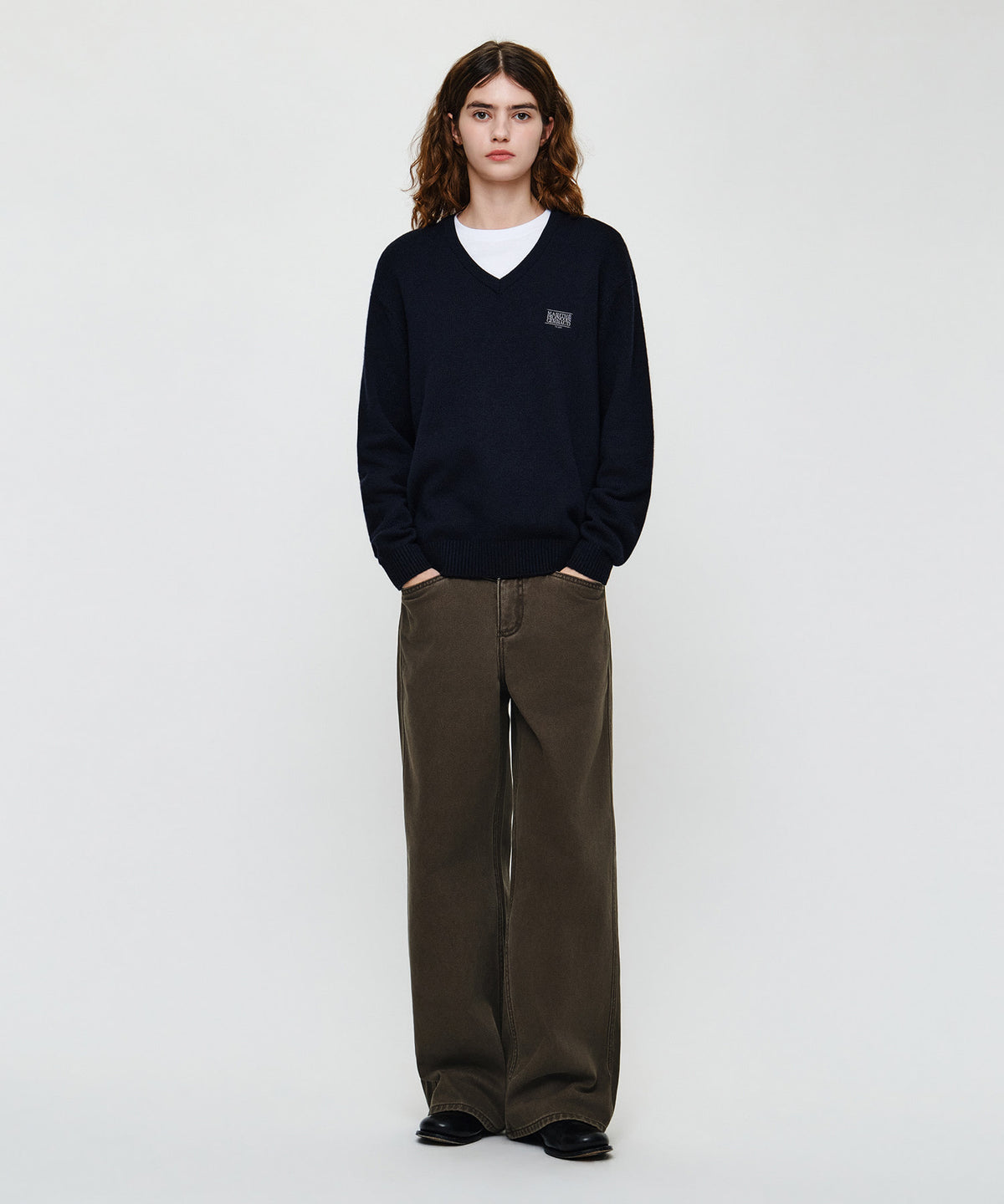 Marithe & Francois Girbaud - Small Classic Logo Oversized V-neck Knit Pullover (Dark Navy) product image 4 | TRAB K-Fashion Australia