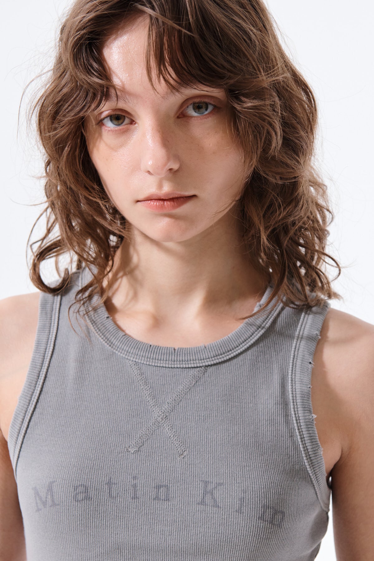 Matin Kim - Distressed Sleeveless Logo Top (Light Grey) product image 10 | TRAB K-Fashion Australia