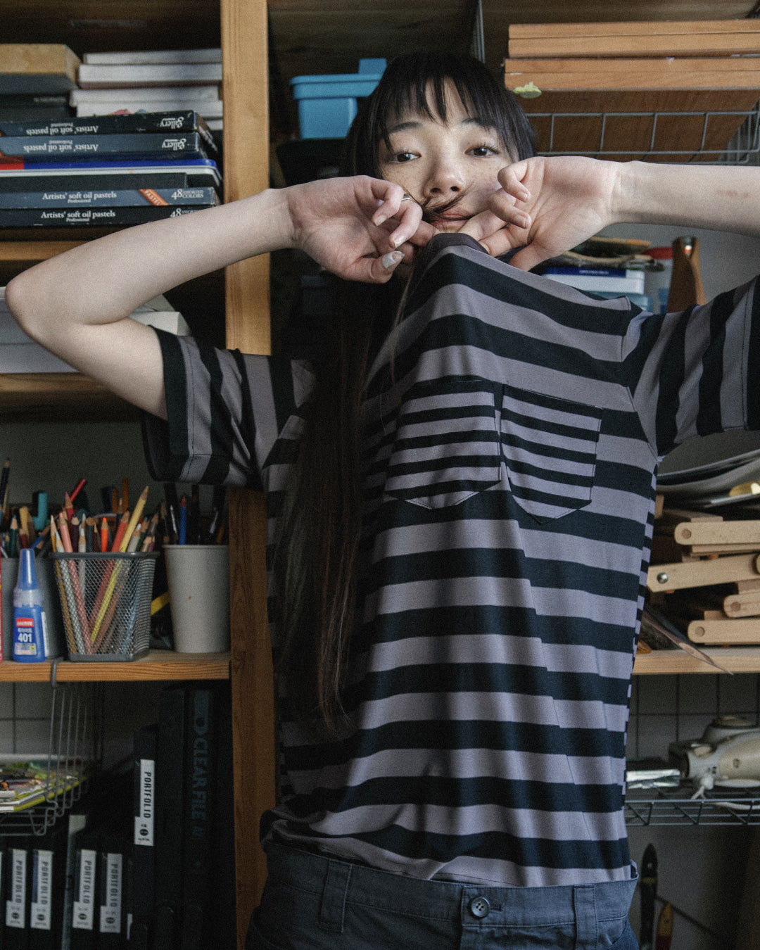 Hatchingroom - Triple Pocket Tee Stripe (Brown Charcoal) product image 9 | TRAB K-Fashion Australia