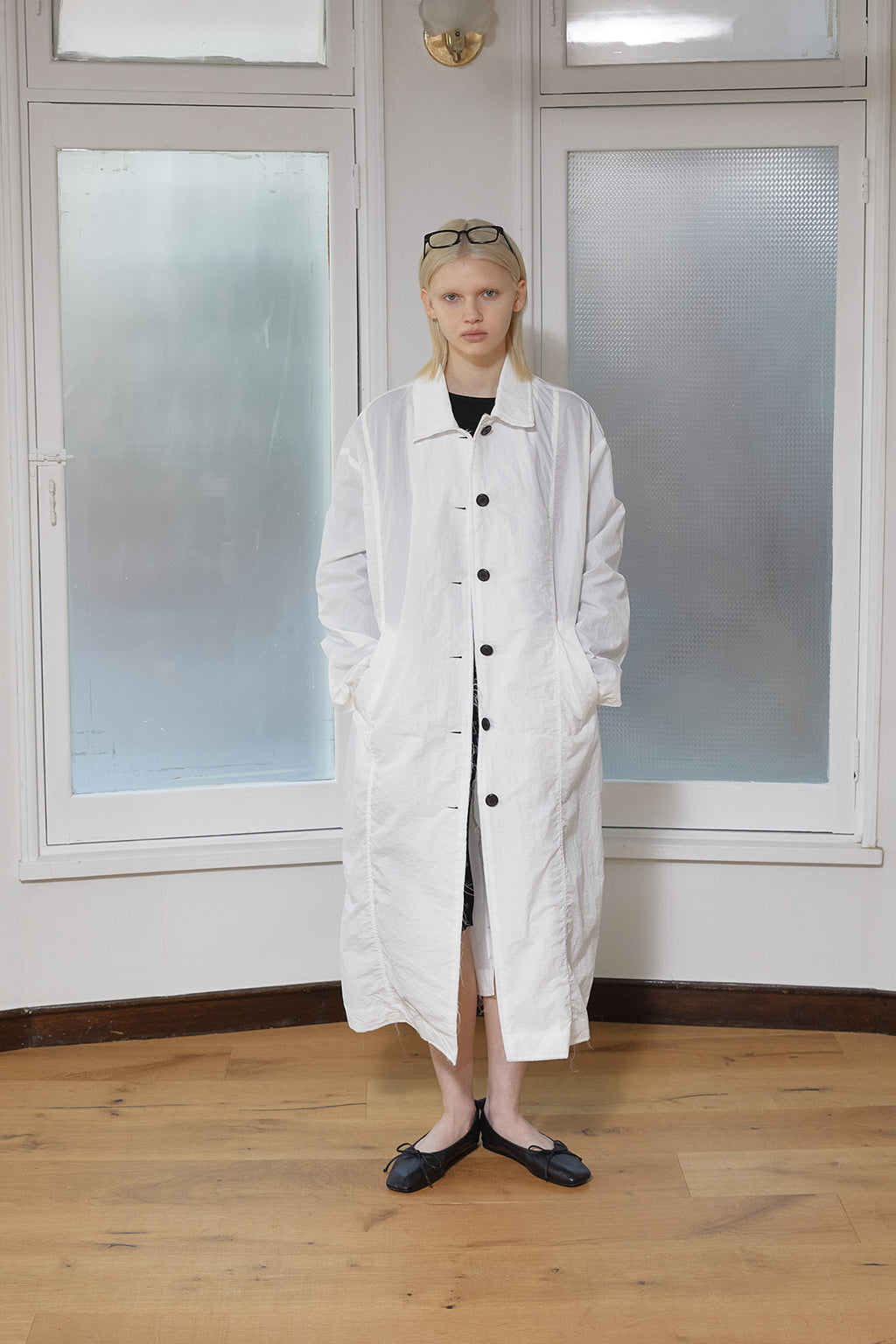 Matin Kim - Back Logo Point Nylon Long Coat (White) product image 12 | TRAB K-Fashion Australia