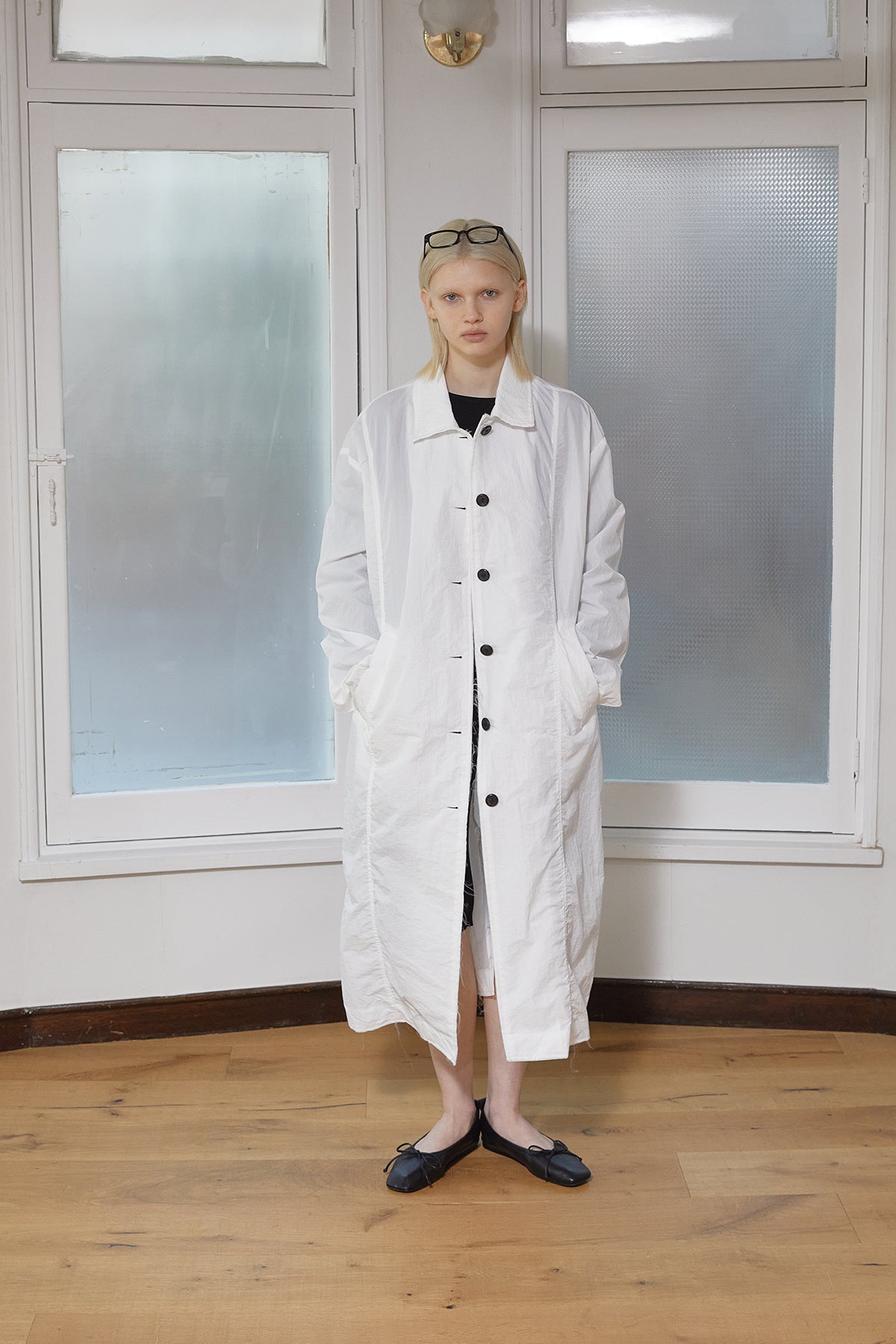 Matin Kim - Back Logo Point Nylon Long Coat (White) product image 12 | TRAB K-Fashion Australia