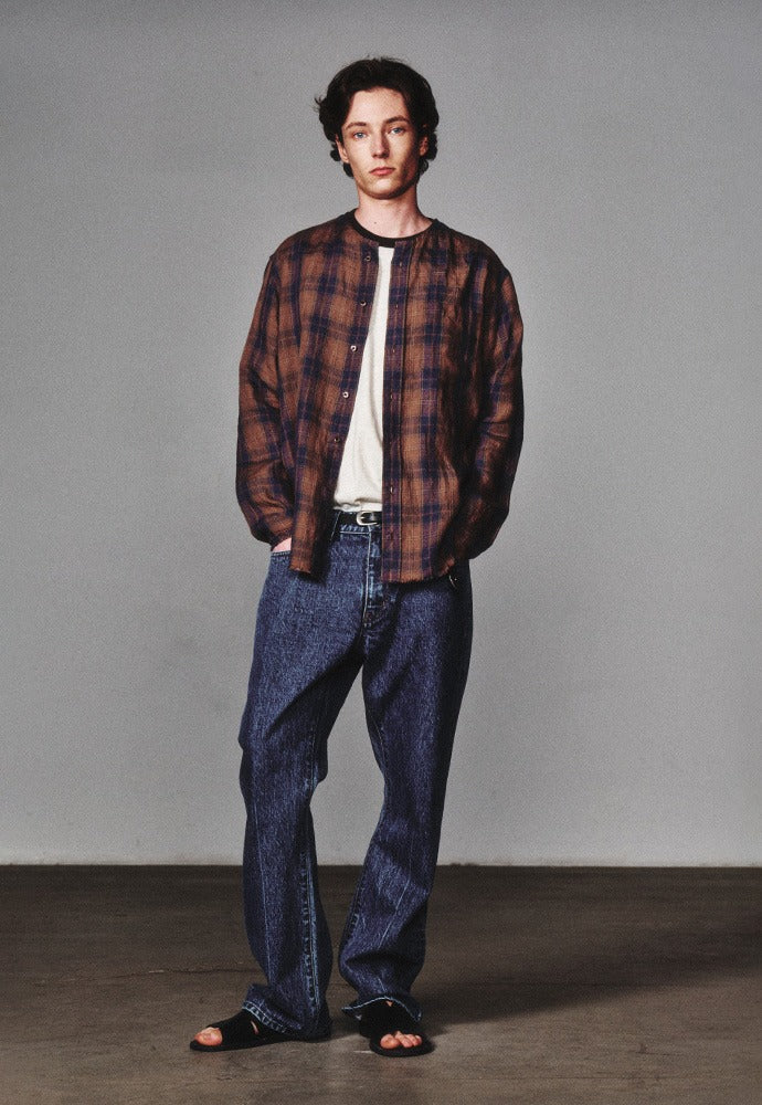 Art if acts - Non Collar Linen French Check Shirt (Blue/Brown) product image 1 | TRAB K-Fashion Australia