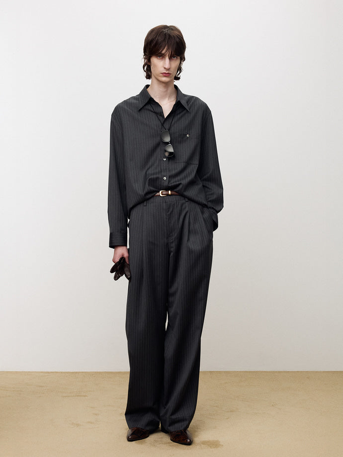Tonywack - Striped Wool Double-Pleats Wide Trousers (Grey Pinstripe) product image 4 | TRAB K-Fashion Australia