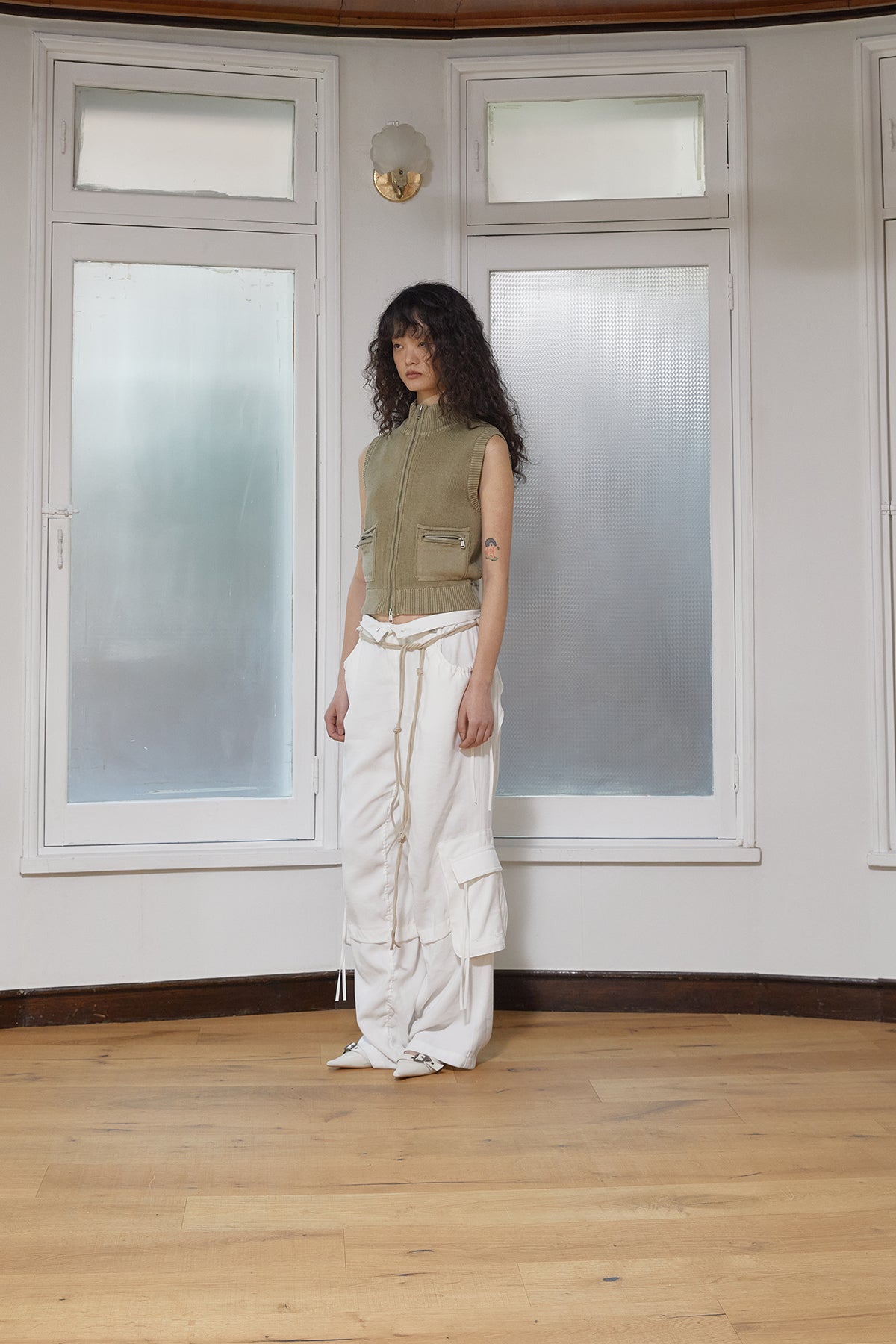 Matin Kim - Logo Point Washed Knit Vest (Light Khaki) product image 8 | TRAB K-Fashion Australia