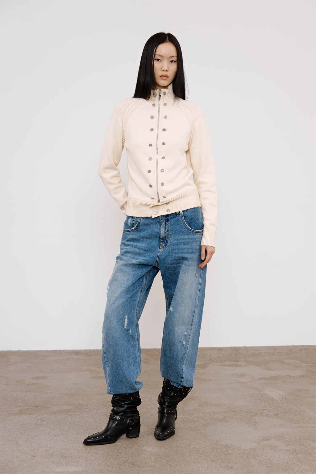 Deinet - High-Neck Stud Knit Outer (Ivory) product image 6 | TRAB K-Fashion Australia