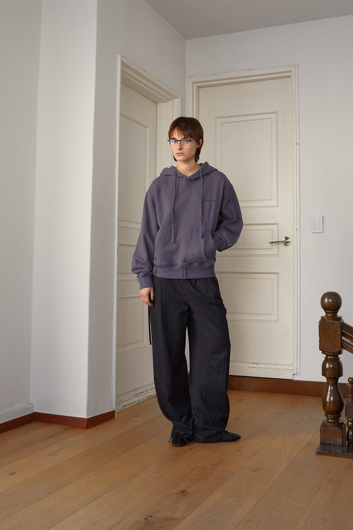 Matin Kim - Rib Cut Detail Logo Hoody (Smoke Blue) product image 10 | TRAB K-Fashion Australia