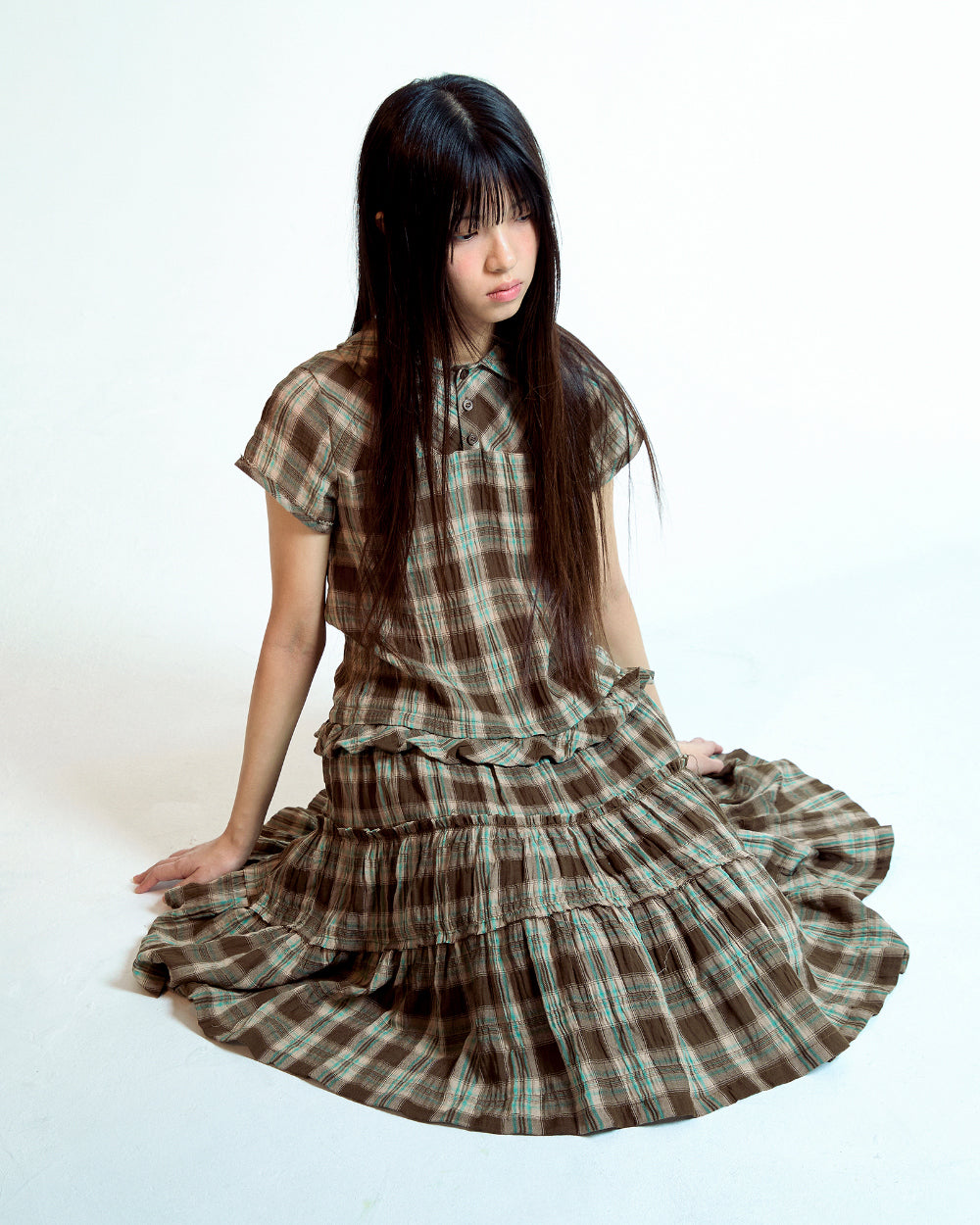Coyseio - Raw Edge Check One Piece (Brown) product image 3 | TRAB K-Fashion Australia