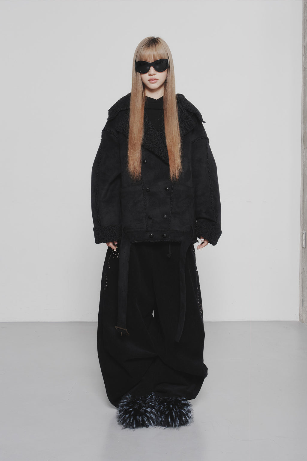 Deinet - Button Up Belted Shearling Jacket (Black) product image 1 | TRAB K-Fashion Australia