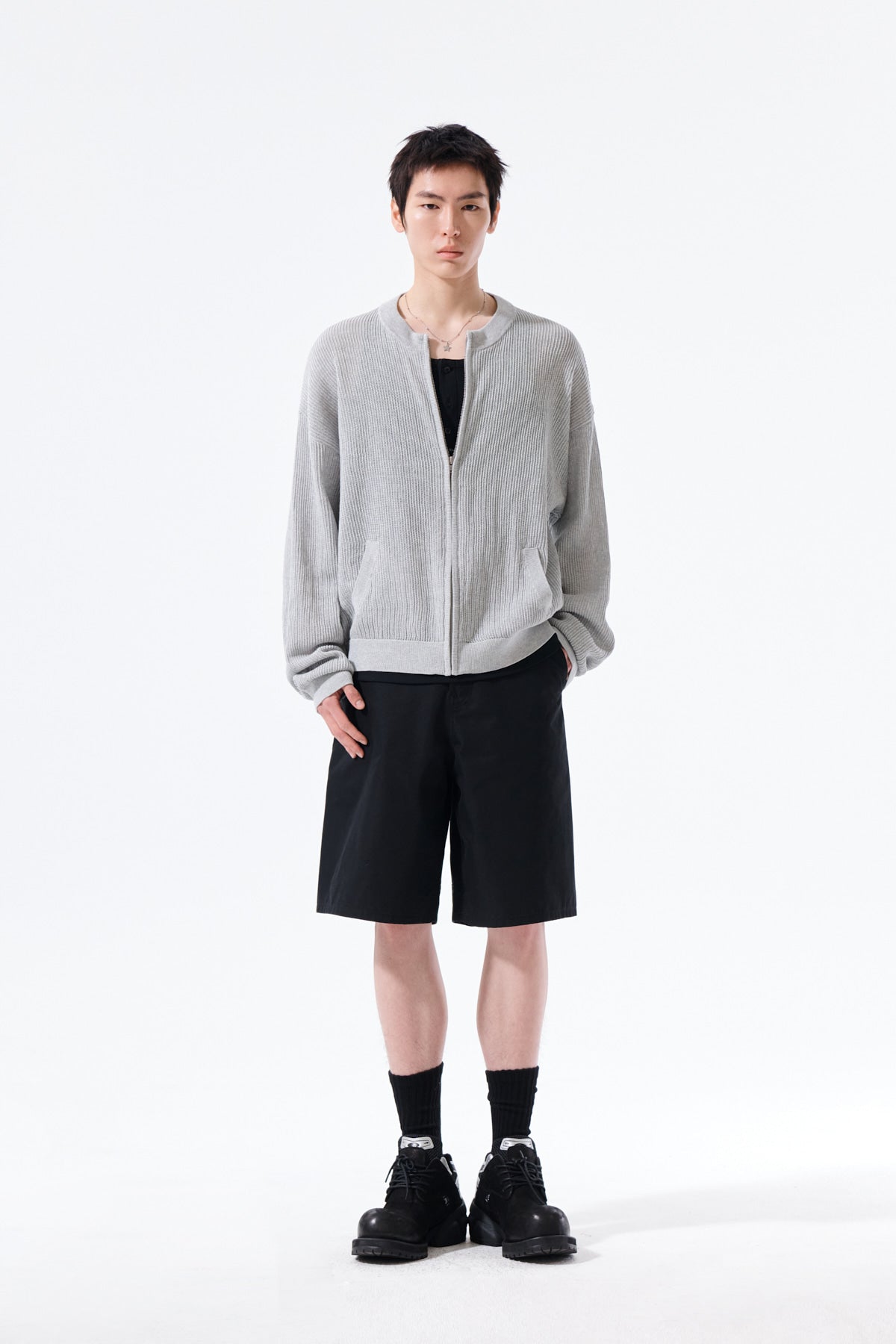 Matin Kim - Back Logo Jacquard Mesh Knit Zip Up (Light Grey) product image 14 | TRAB K-Fashion Australia