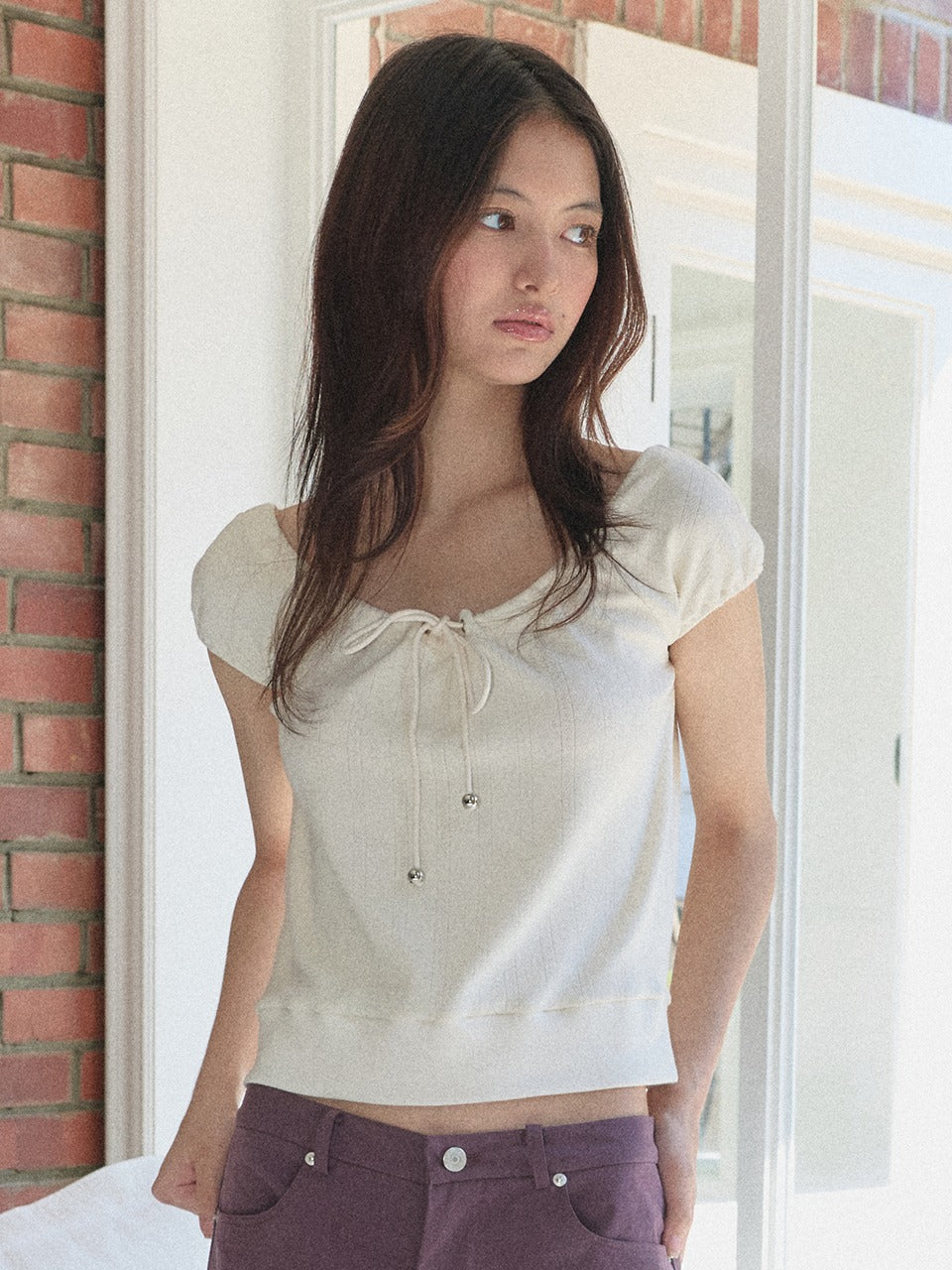 Margarin Fingers - Strap Off-Shoulder Top (Cream) product image 1 | TRAB K-Fashion Australia