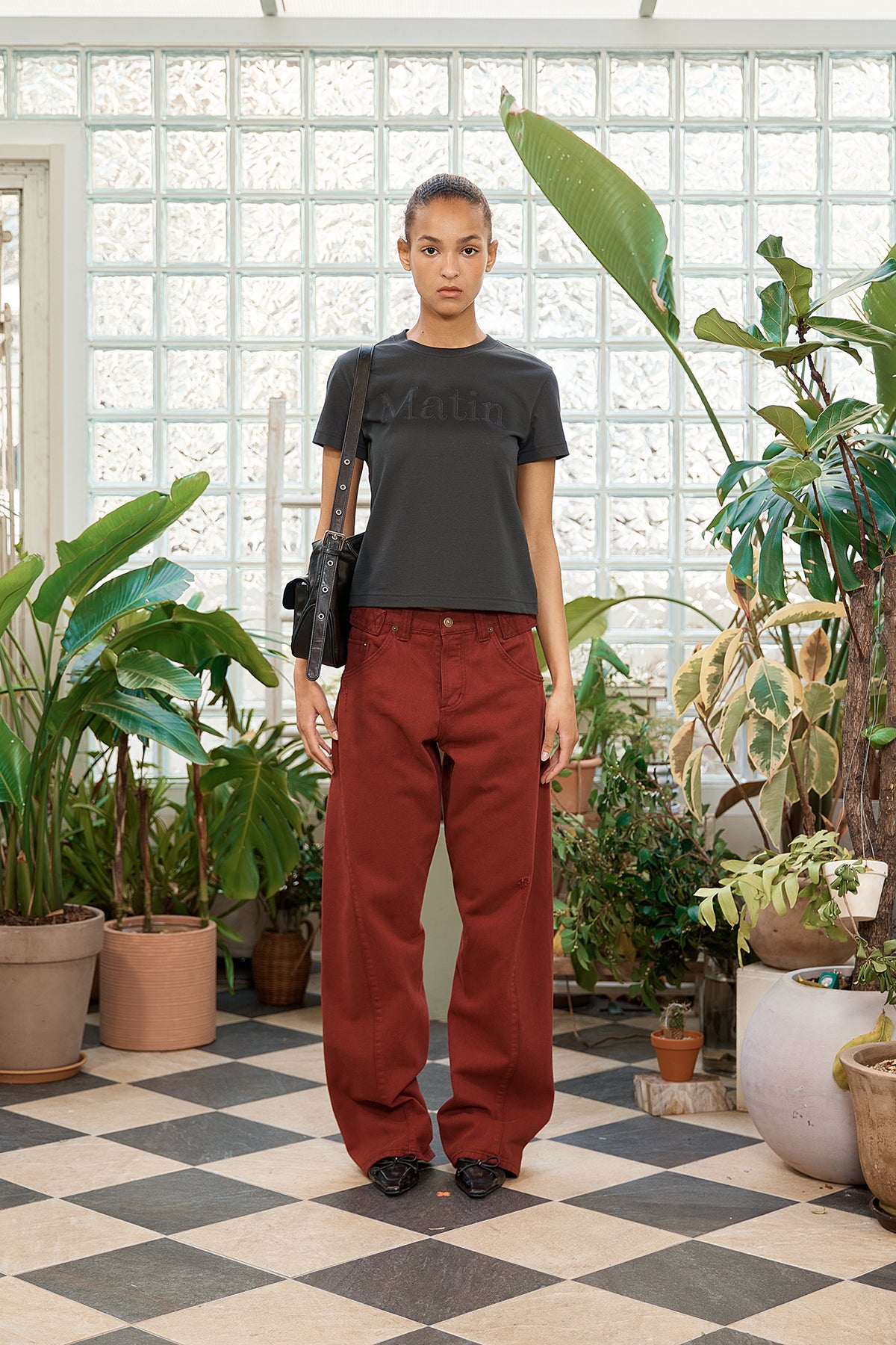Matin Kim - Waist Buckle Curved Dying Denim Pants (Red) product image 7 | TRAB K-Fashion Australia