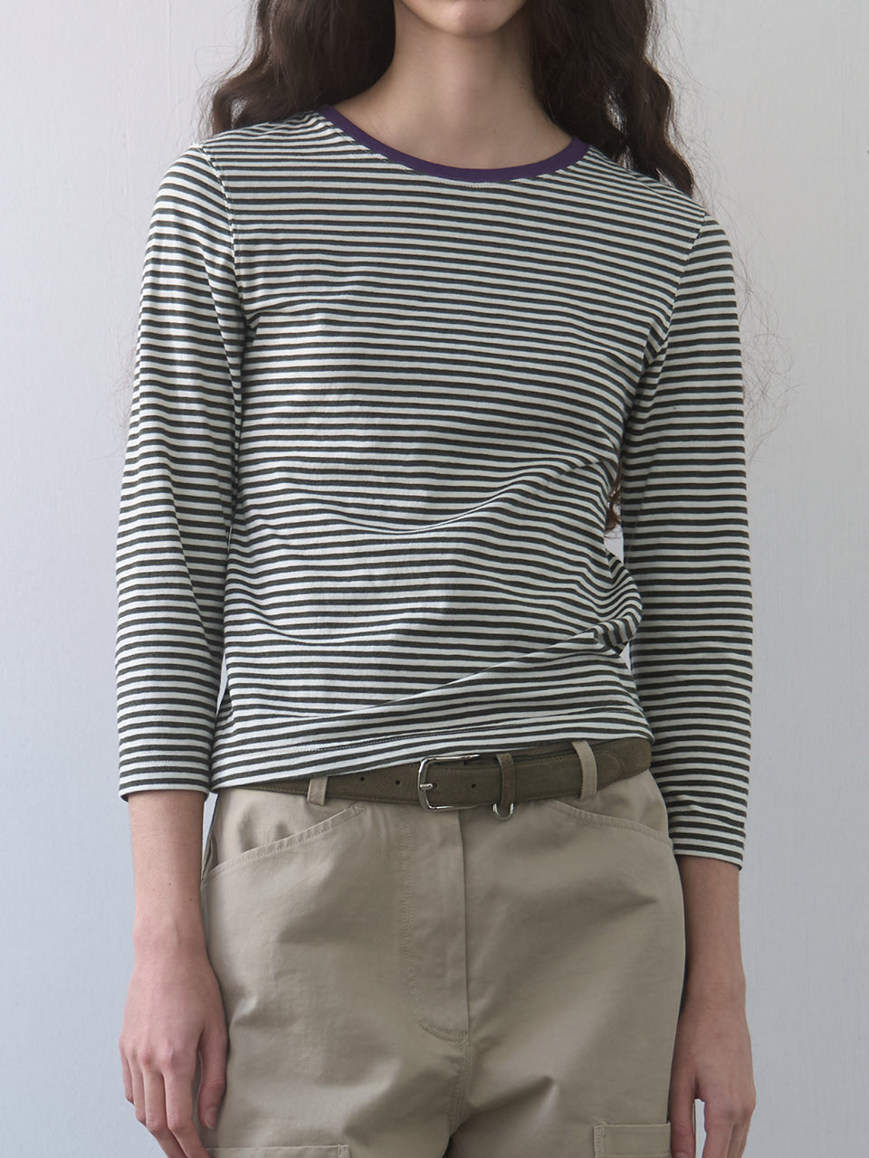Kijun - Stripe Mid Sleeve Tee (Khaki) product image 2 | TRAB K-Fashion Australia