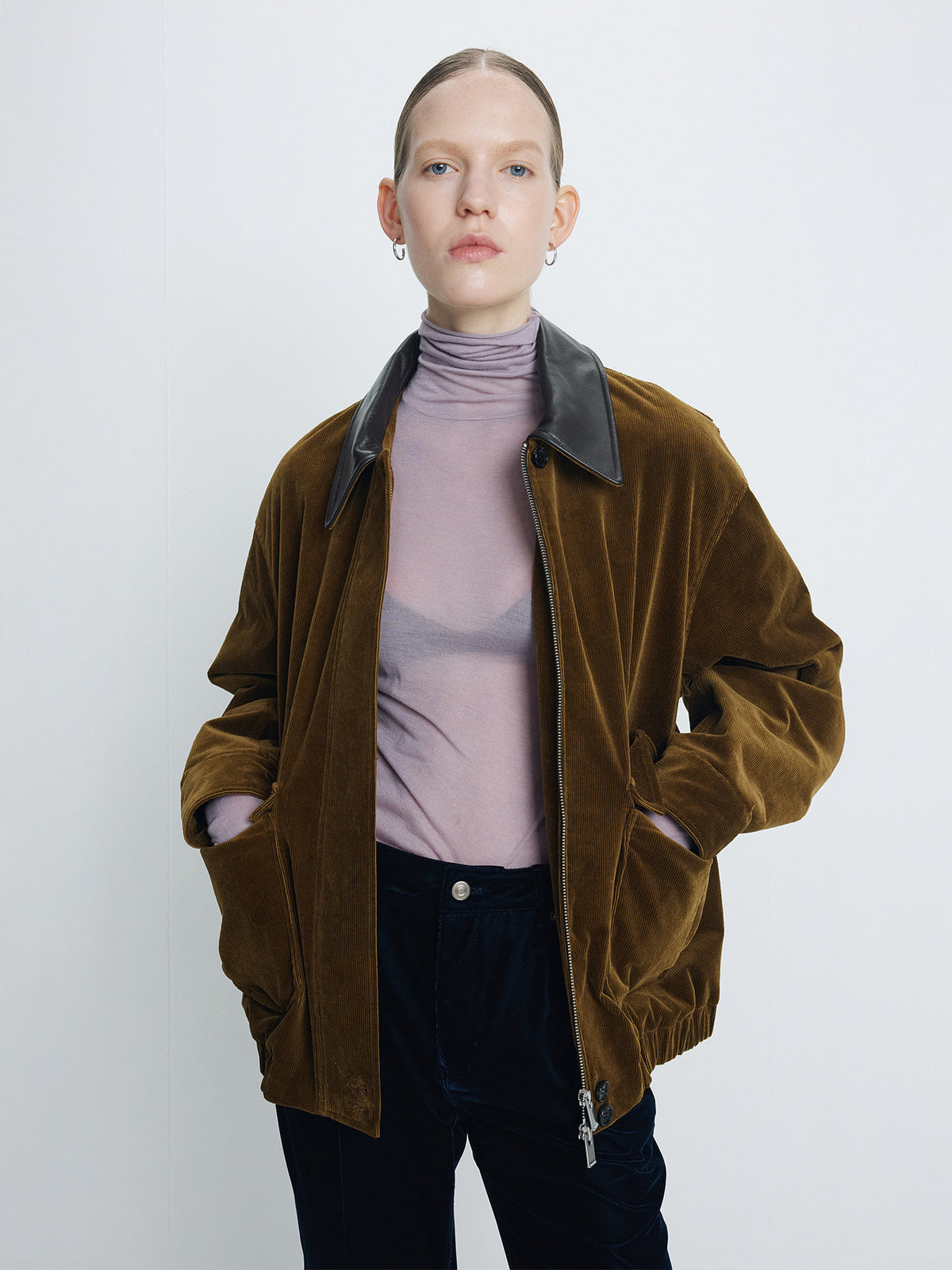 Tonywack - Leather Collar Corduroy Bomber Jacket (Olive Brown) product image 4 | TRAB K-Fashion Australia
