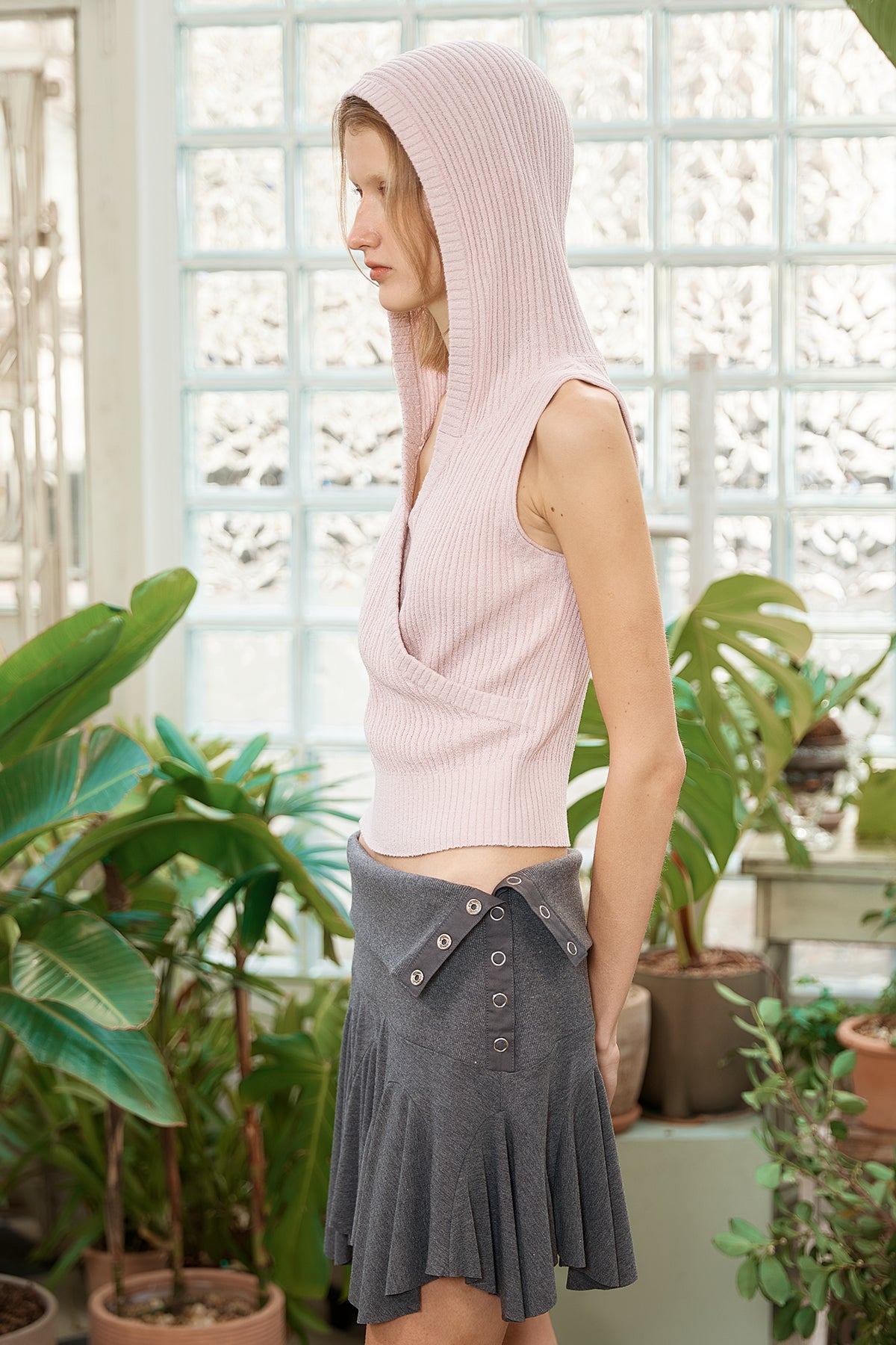 Matin Kim - Wrap Sleeveless Knit Hoody Top (Light Pink) product image 14 | TRAB K-Fashion Australia