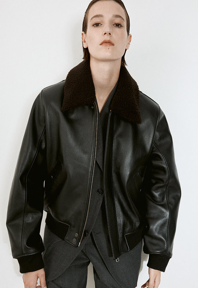 Tonywack - Shearling Collar Leather Bomber Jacket (Black) product image 4 | TRAB K-Fashion Australia