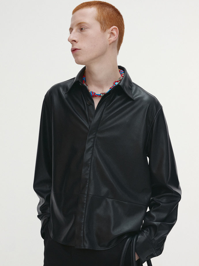 Tonywack - Faux Leather Hidden Button Shirt Italian Fabric (Black) product image 2 | TRAB K-Fashion Australia