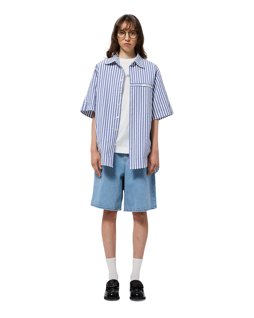 Kimhe Kim - Stripped Label Short Sleeves Shirt (Blue) product image 1 | TRAB K-Fashion Australia