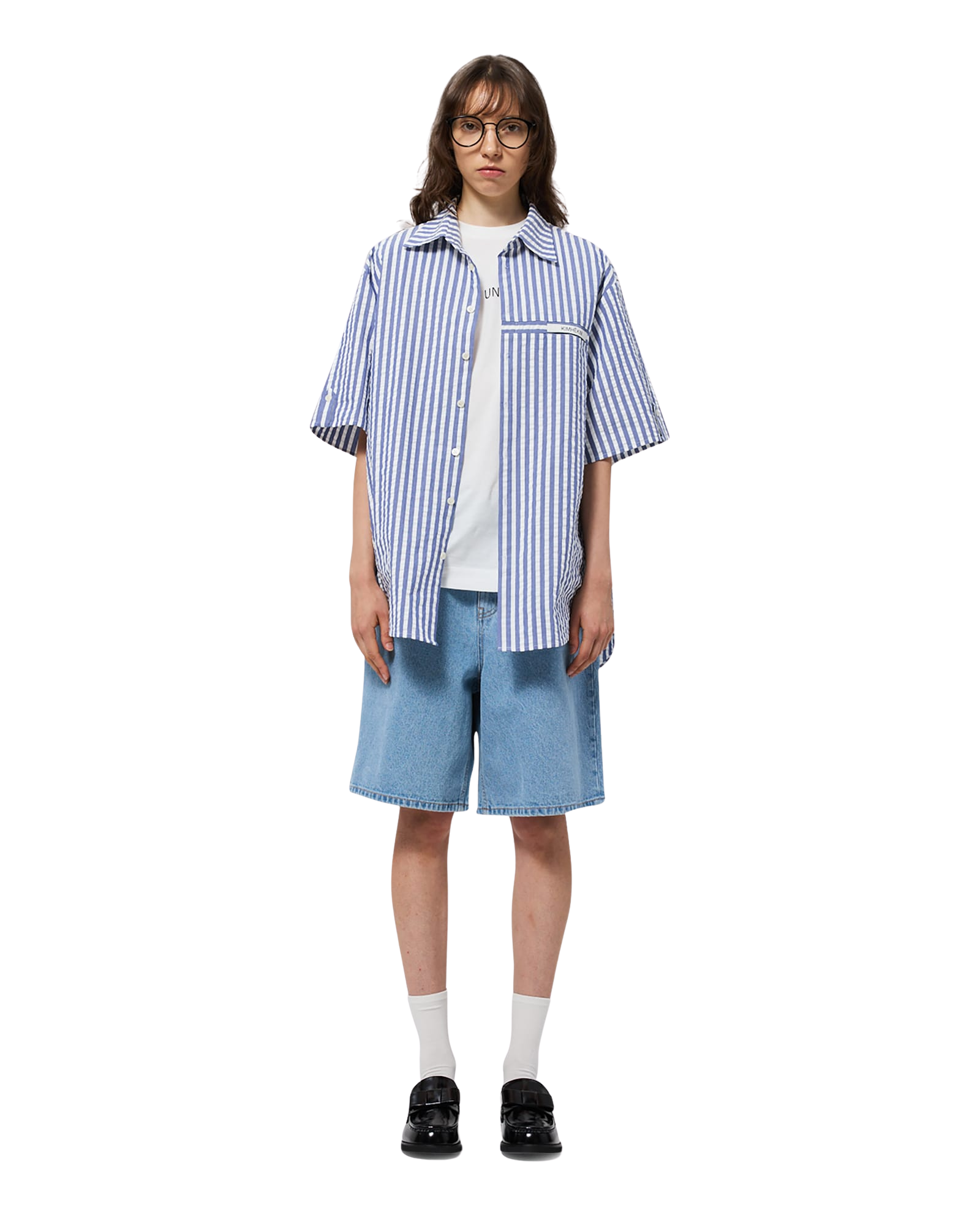 Kimhe Kim - Stripped Label Short Sleeves Shirt (Blue) product image 1 | TRAB K-Fashion Australia
