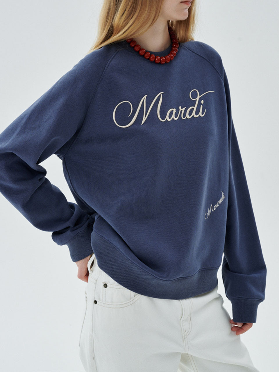 Mardi Mercredi - Sweatshirt Raglan Script Logo Needlework (Navy Cream) product image 1 | TRAB K-Fashion Australia