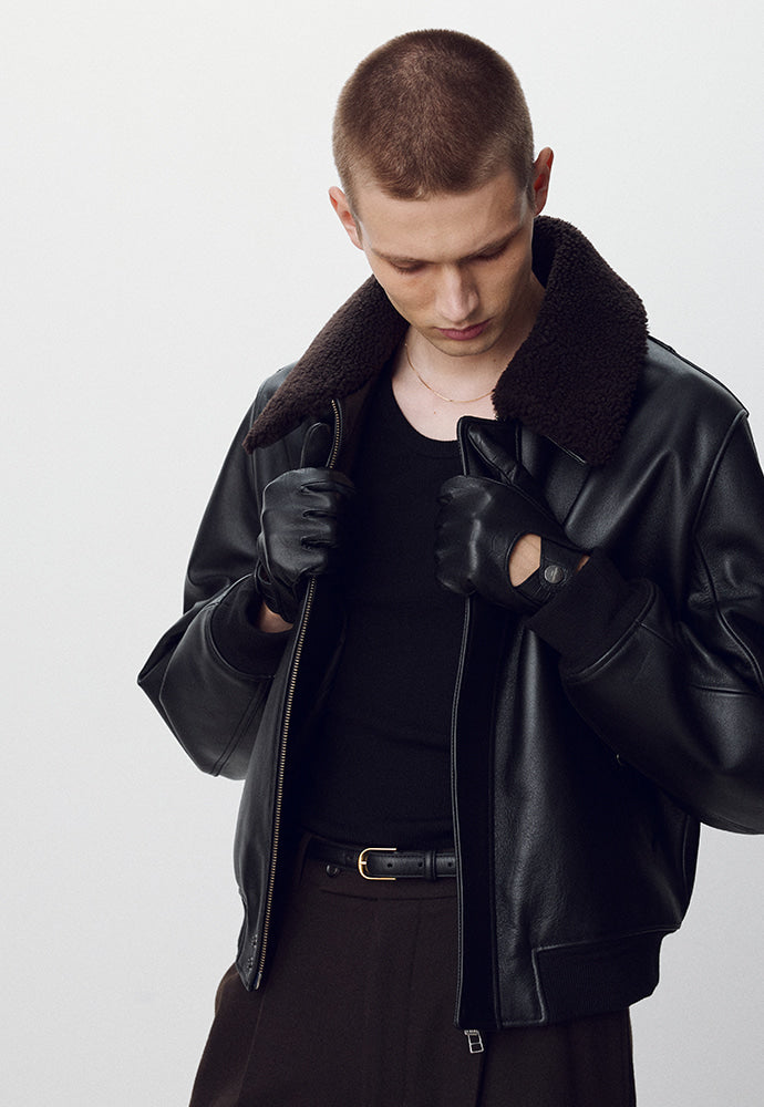 Tonywack - Shearling Collar Leather Bomber Jacket (Black) product image 7 | TRAB K-Fashion Australia