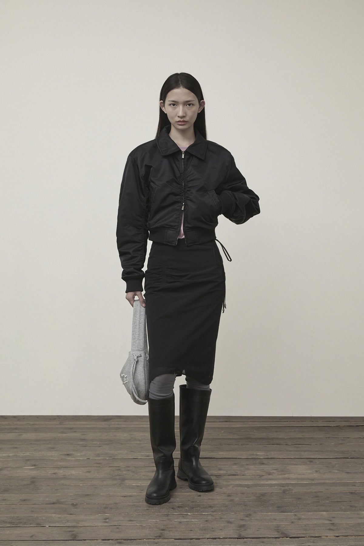 Matin Kim - Applique Logo Shirring Bomber Jumper (Black) product image 9 | TRAB K-Fashion Australia