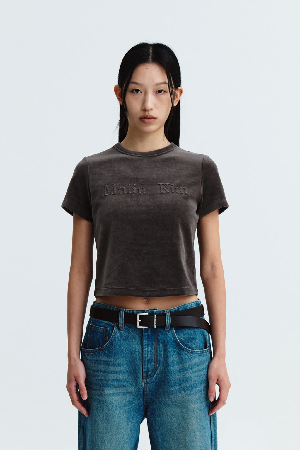 Matin Kim - Logo Emboss Velvet Crop Top (Khaki) product image 10 | TRAB K-Fashion Australia