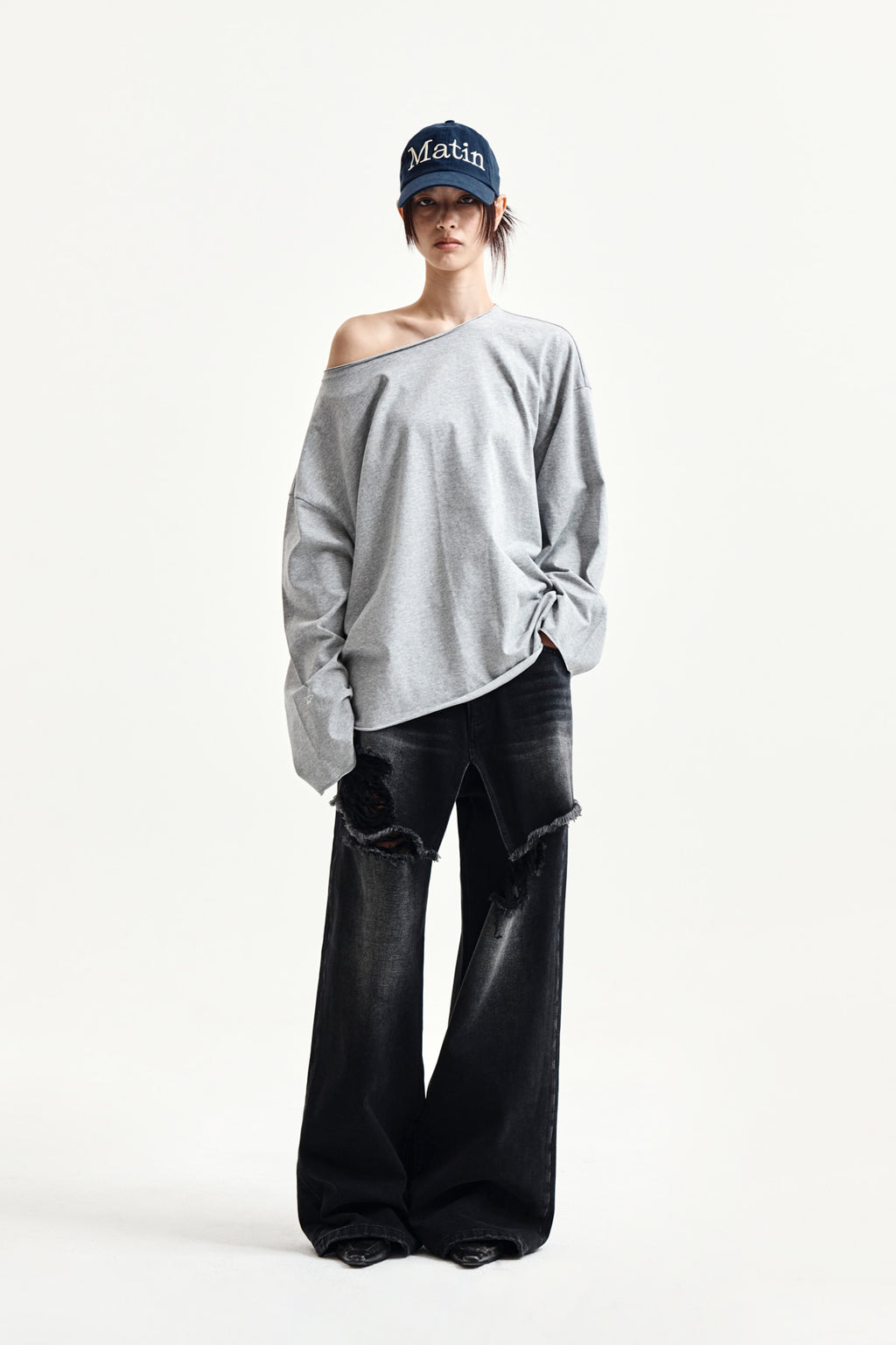 Matin Kim - Raw Hem Finished Boat Neck Top (Grey) product image 8 | TRAB K-Fashion Australia