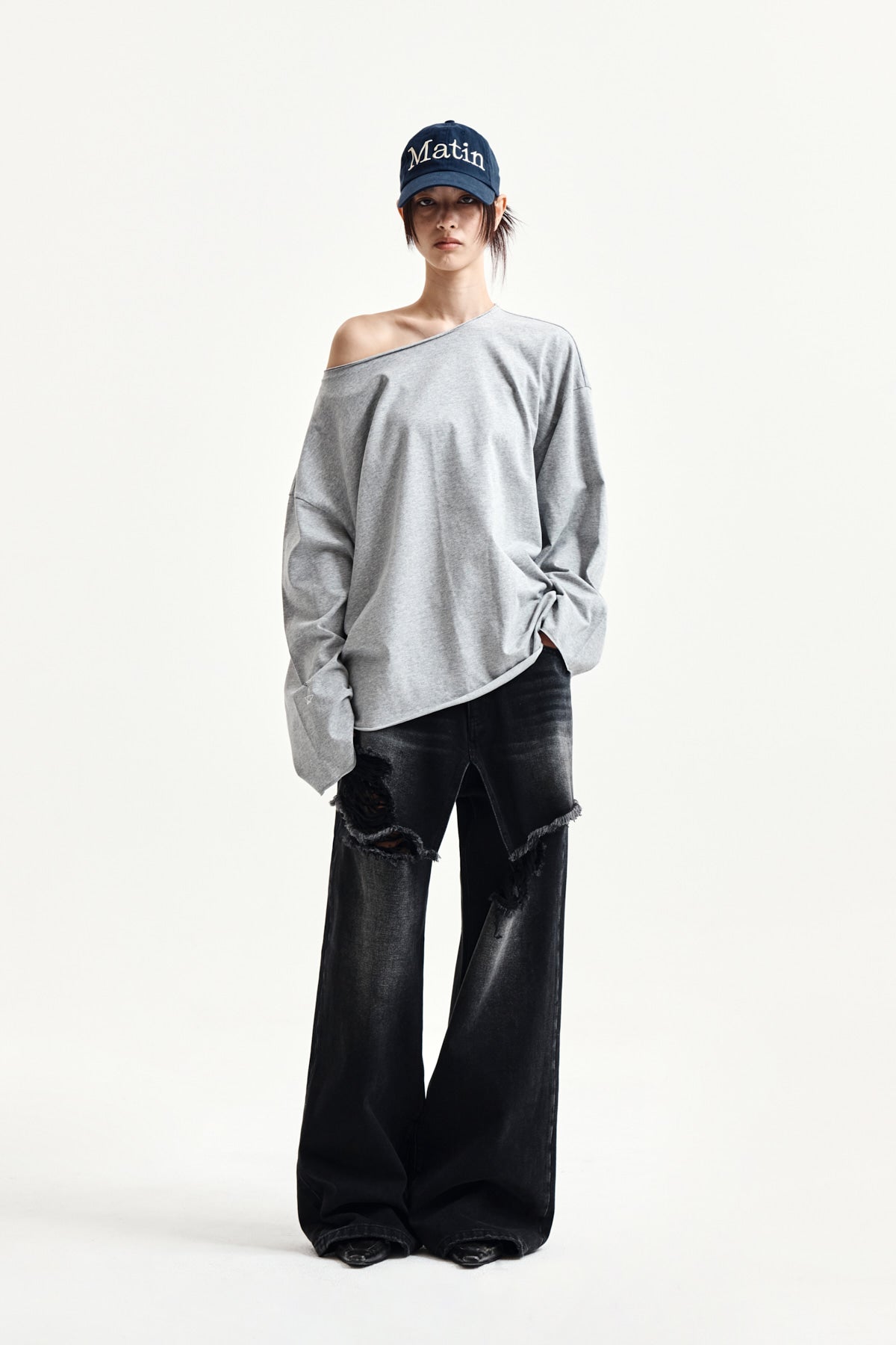 Matin Kim - Raw Hem Finished Boat Neck Top (Grey) product image 8 | TRAB K-Fashion Australia