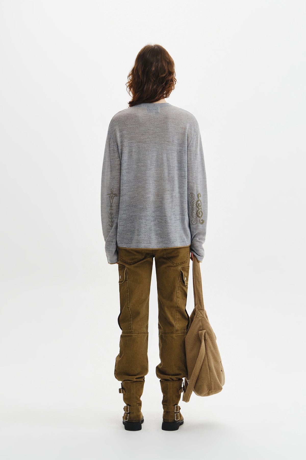 Matin Kim - Matin Sleeve Graphic Sheer Knit Pullover (Grey) product image 10 | TRAB K-Fashion Australia