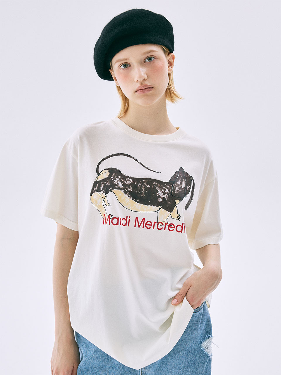 Mardi Mercredi - Tshirt Drawing Ch Ddanji Long Side (Cream) product image 1 | TRAB K-Fashion Australia