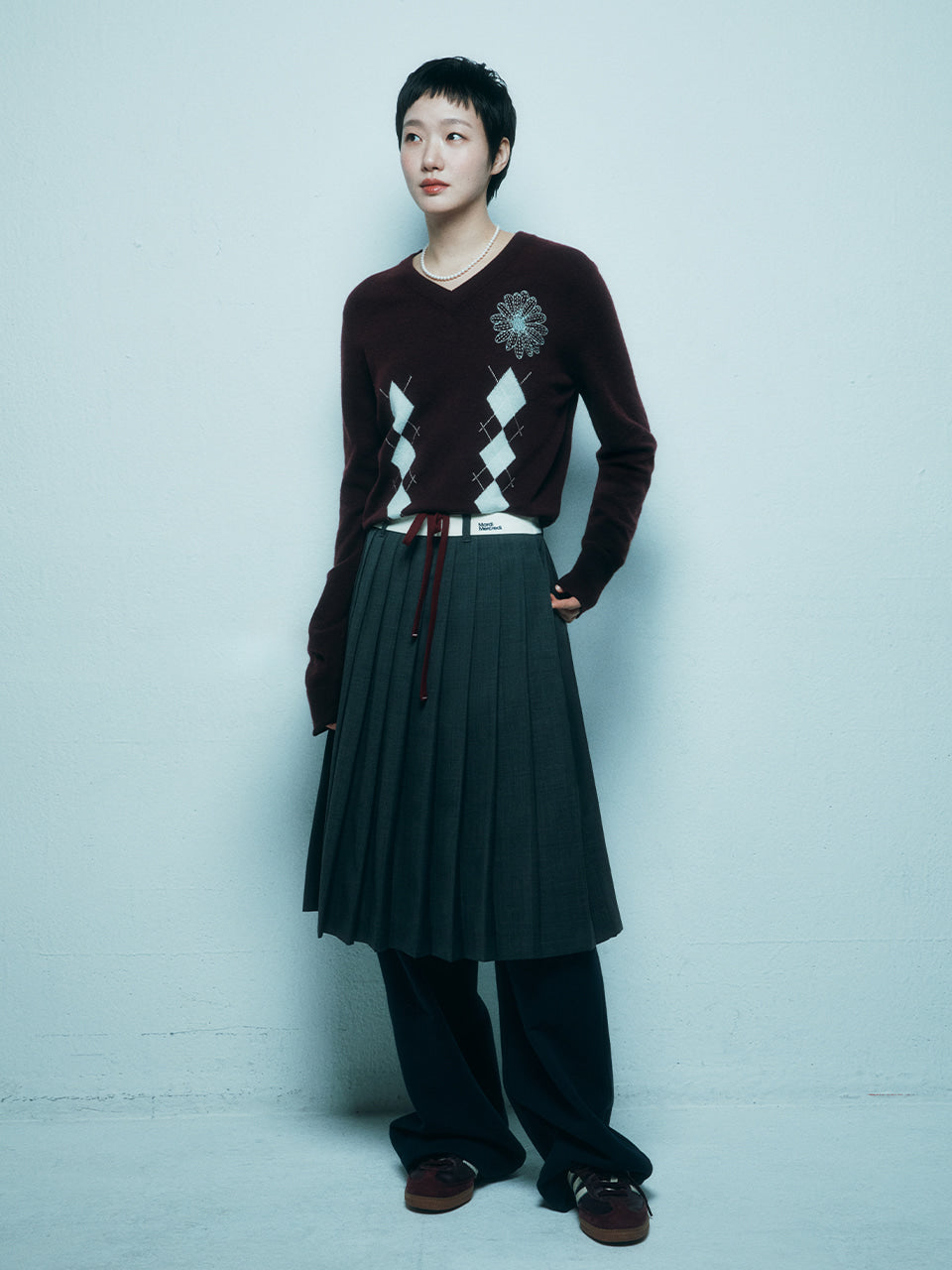 Mardi Mercredi - Wool Pleated Midi Skirt Contrast Waistband (Charcoal) product image 1 | TRAB K-Fashion Australia