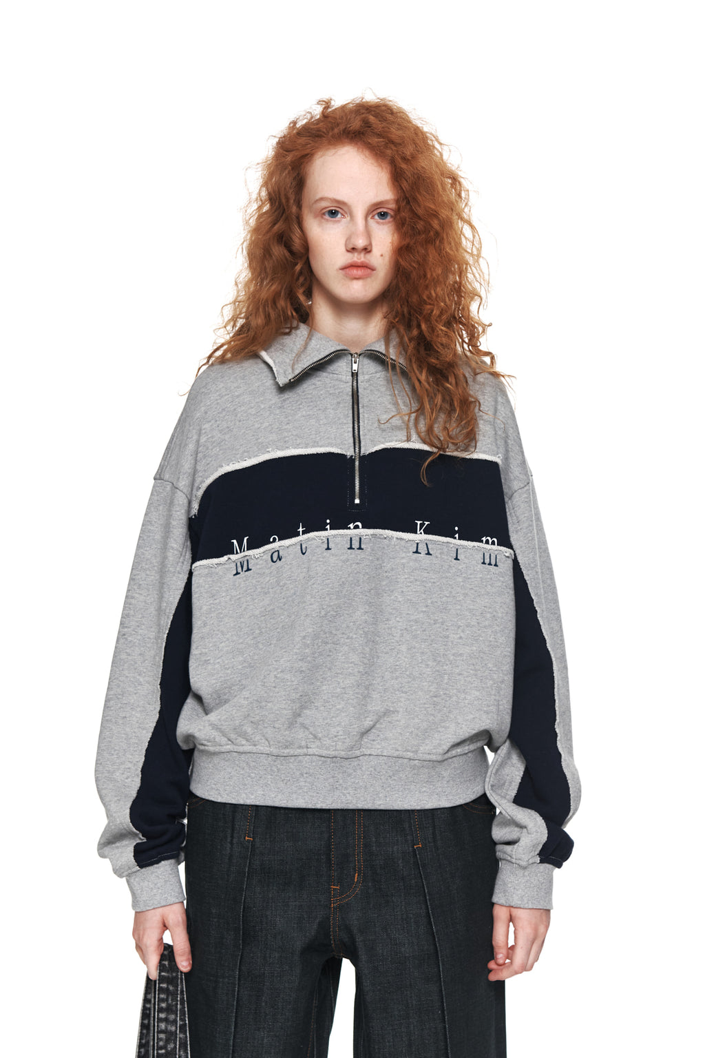 Matin Kim - Cutted Logo Half Zip Sweatshirt (Grey) product image 5 | TRAB K-Fashion Australia