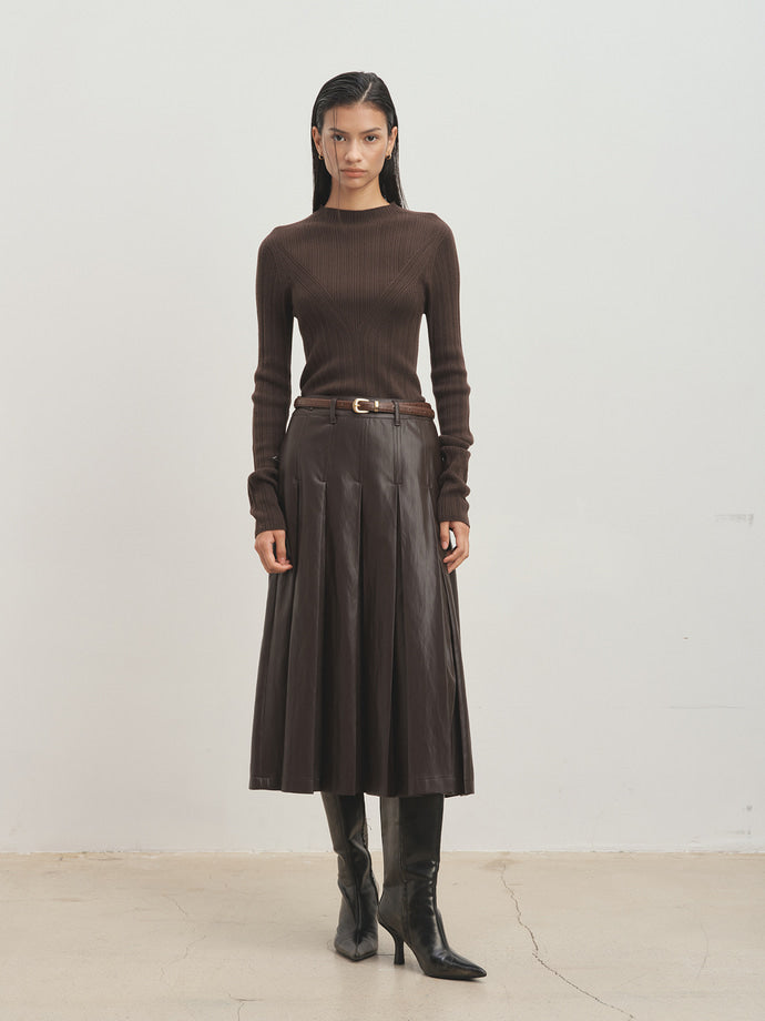 Tonywack - Faux Leather Pleated Midi Skirt (Brown) product image 2 | TRAB K-Fashion Australia