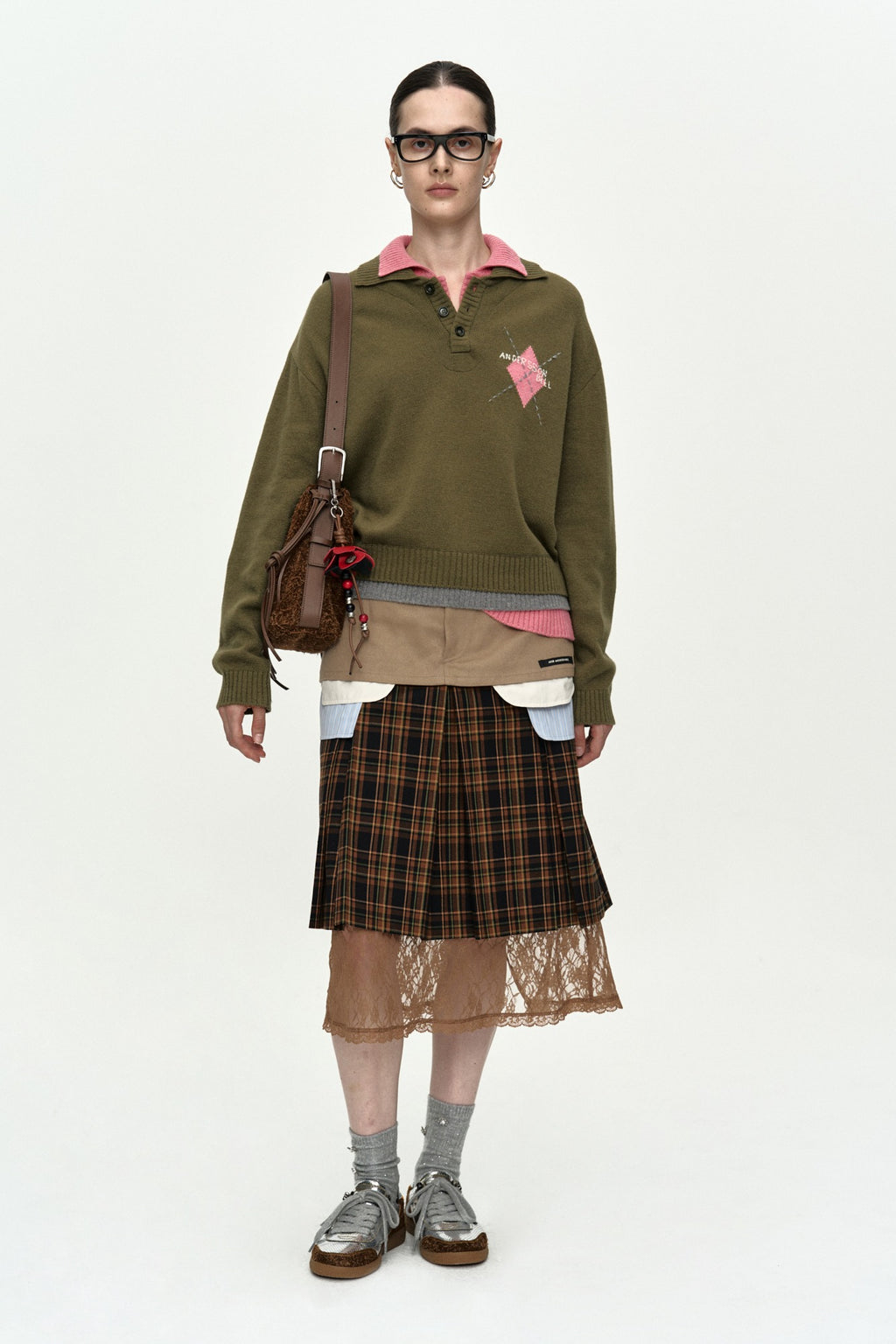 Andersson Bell - Double Collar Argyle Logo Sweater (Khaki/Pink) product image 1 | TRAB K-Fashion Australia