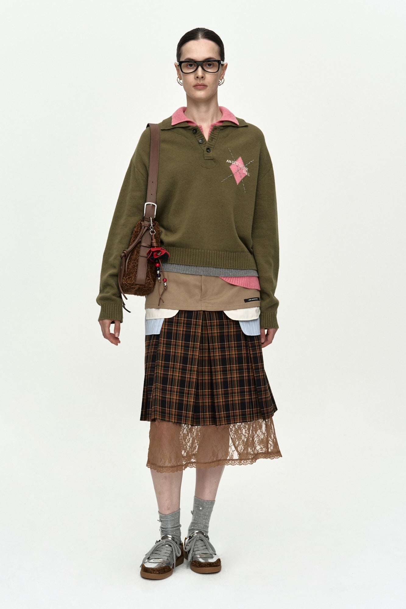 Andersson Bell - Double Collar Argyle Logo Sweater (Khaki/Pink) product image 1 | TRAB K-Fashion Australia