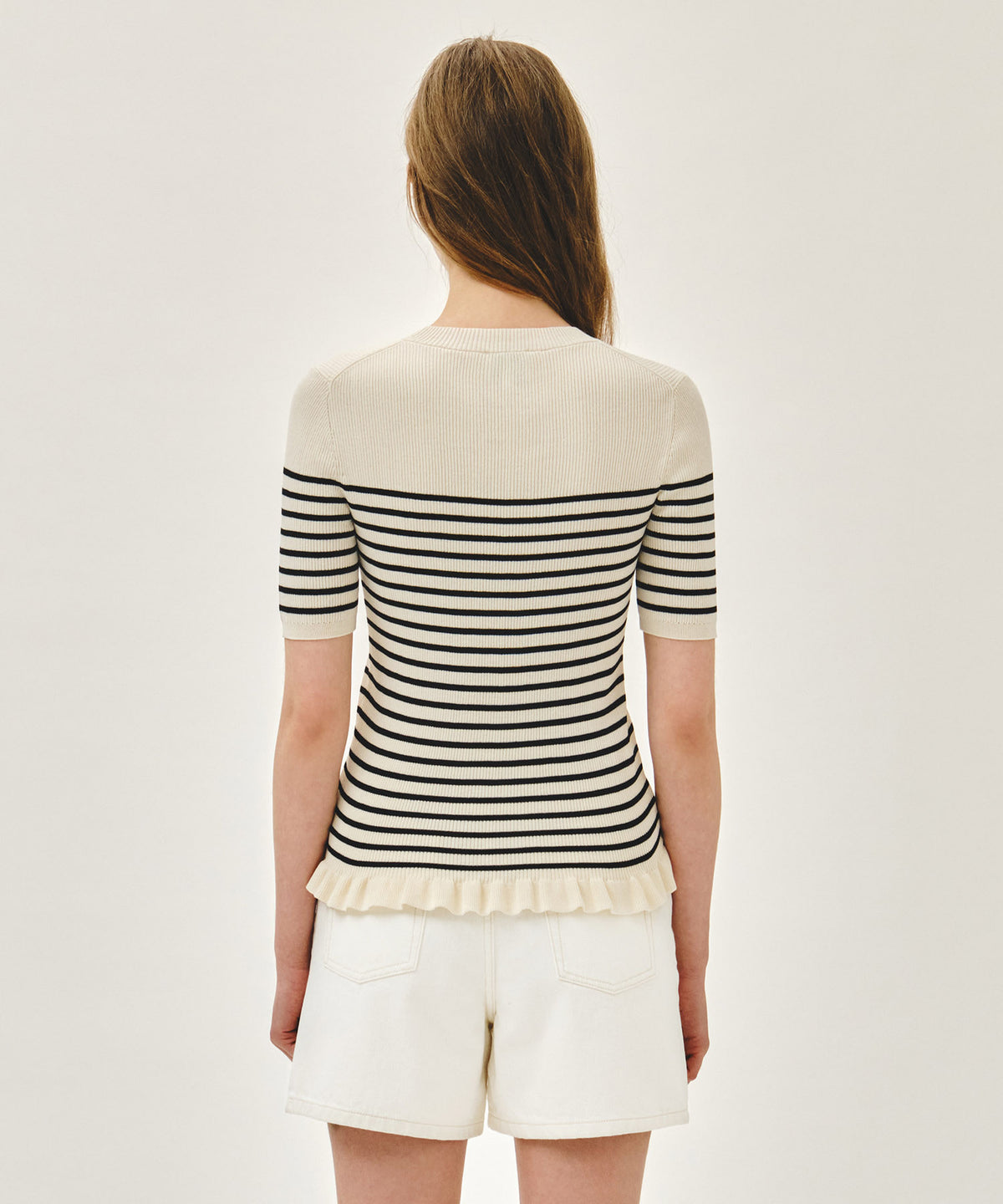 Marithe & Francois Girbaud - Ruffle Point Stripe Half Knit Pullover (Beige) product image 3 | TRAB K-Fashion Australia