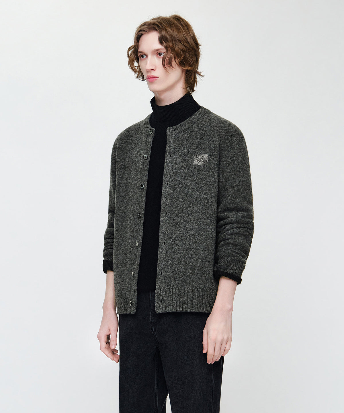 Marithe & Francois Girbaud - Premium Small Classic Logo Wool Round Neck Cardigan (Charcoal) product image 2 | TRAB K-Fashion Australia