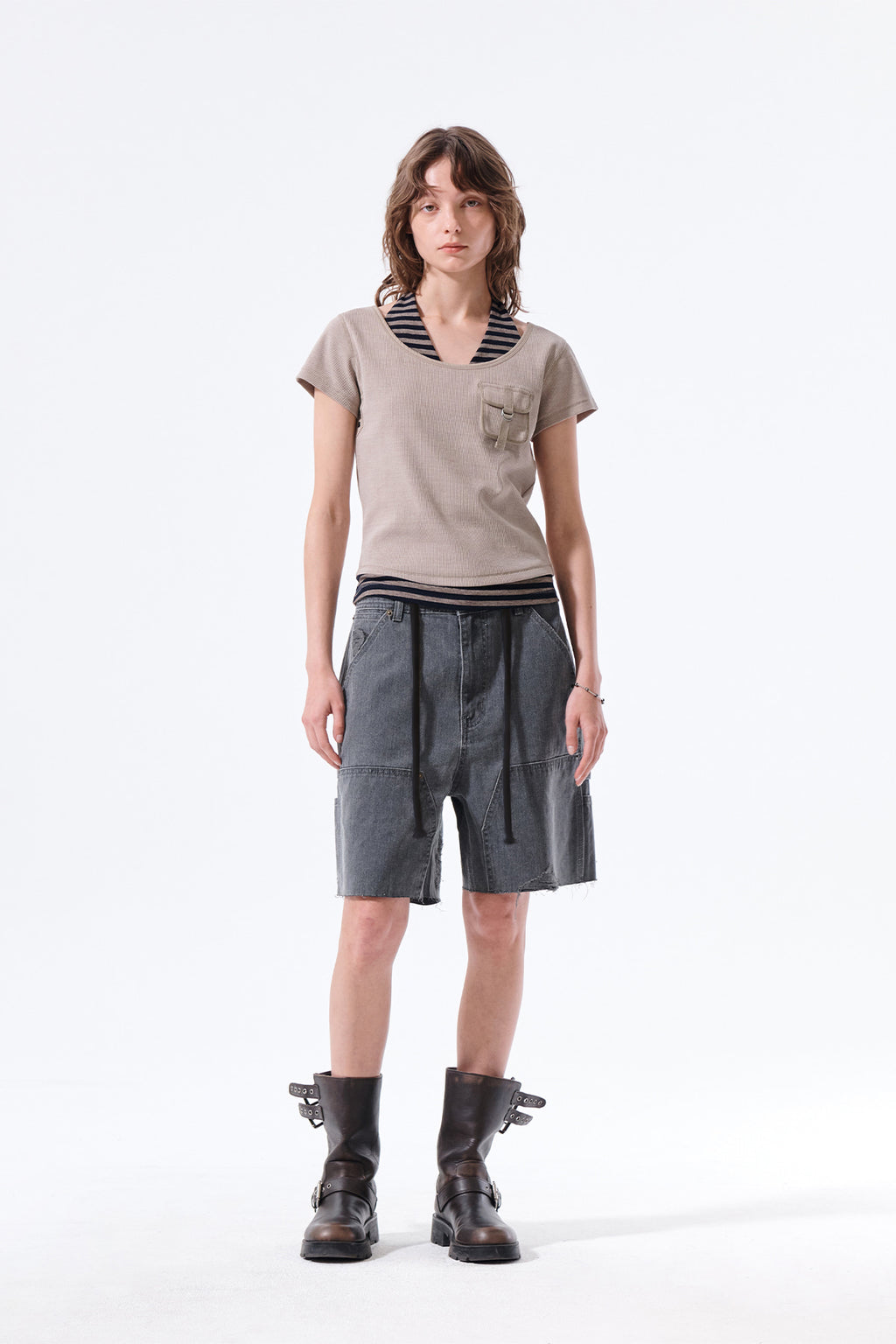 Matin Kim - Heringbone Raw Cut Denim Shorts (Grey) product image 11 | TRAB K-Fashion Australia