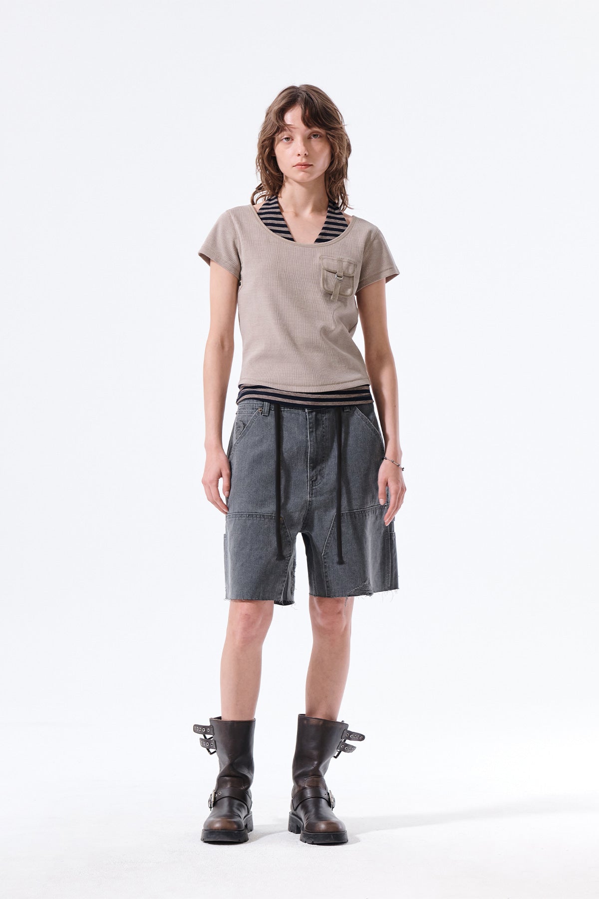 Matin Kim - Heringbone Raw Cut Denim Shorts (Grey) product image 11 | TRAB K-Fashion Australia