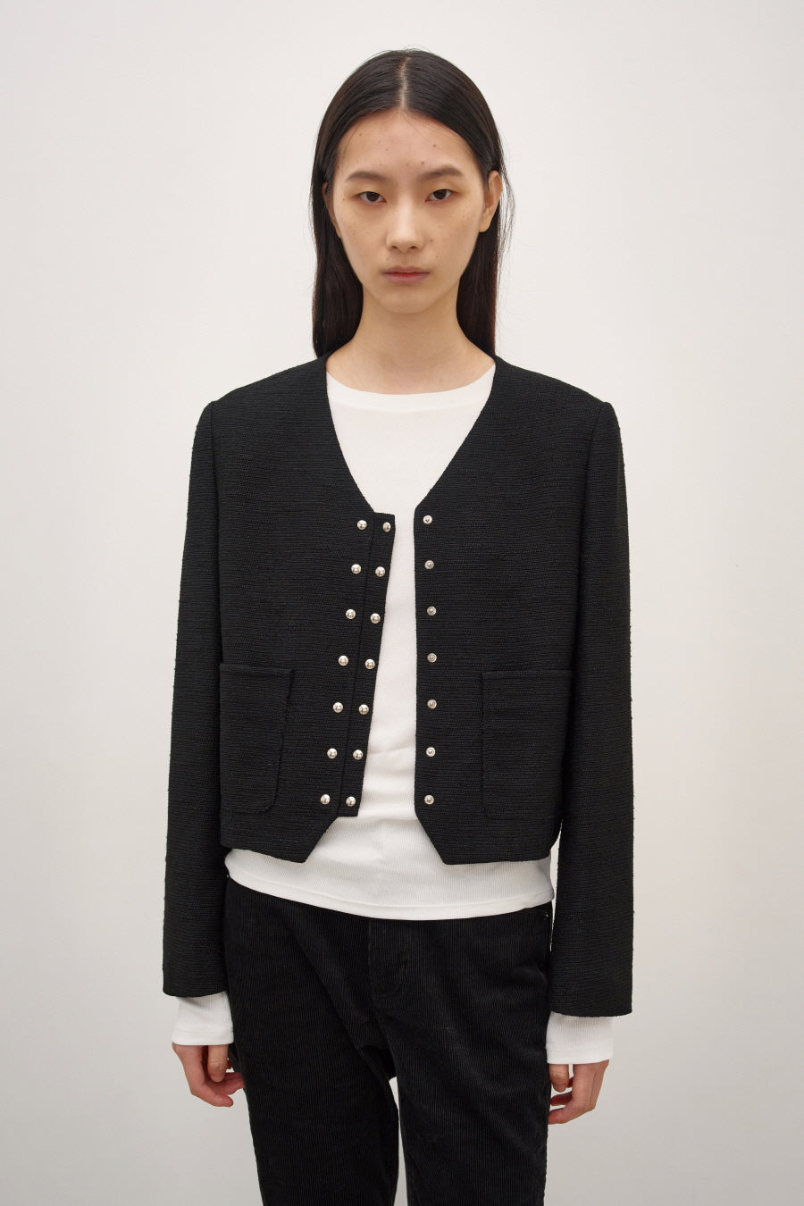Insilence - Snap Detail Tweed Jacket (Black) product image 1 | TRAB K-Fashion Australia