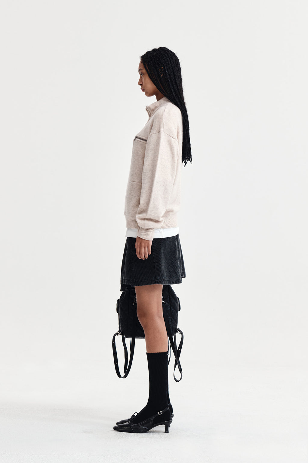 Matin Kim - Back Logo Half Knit Zip Up Pullover (Light Beige) product image 6 | TRAB K-Fashion Australia