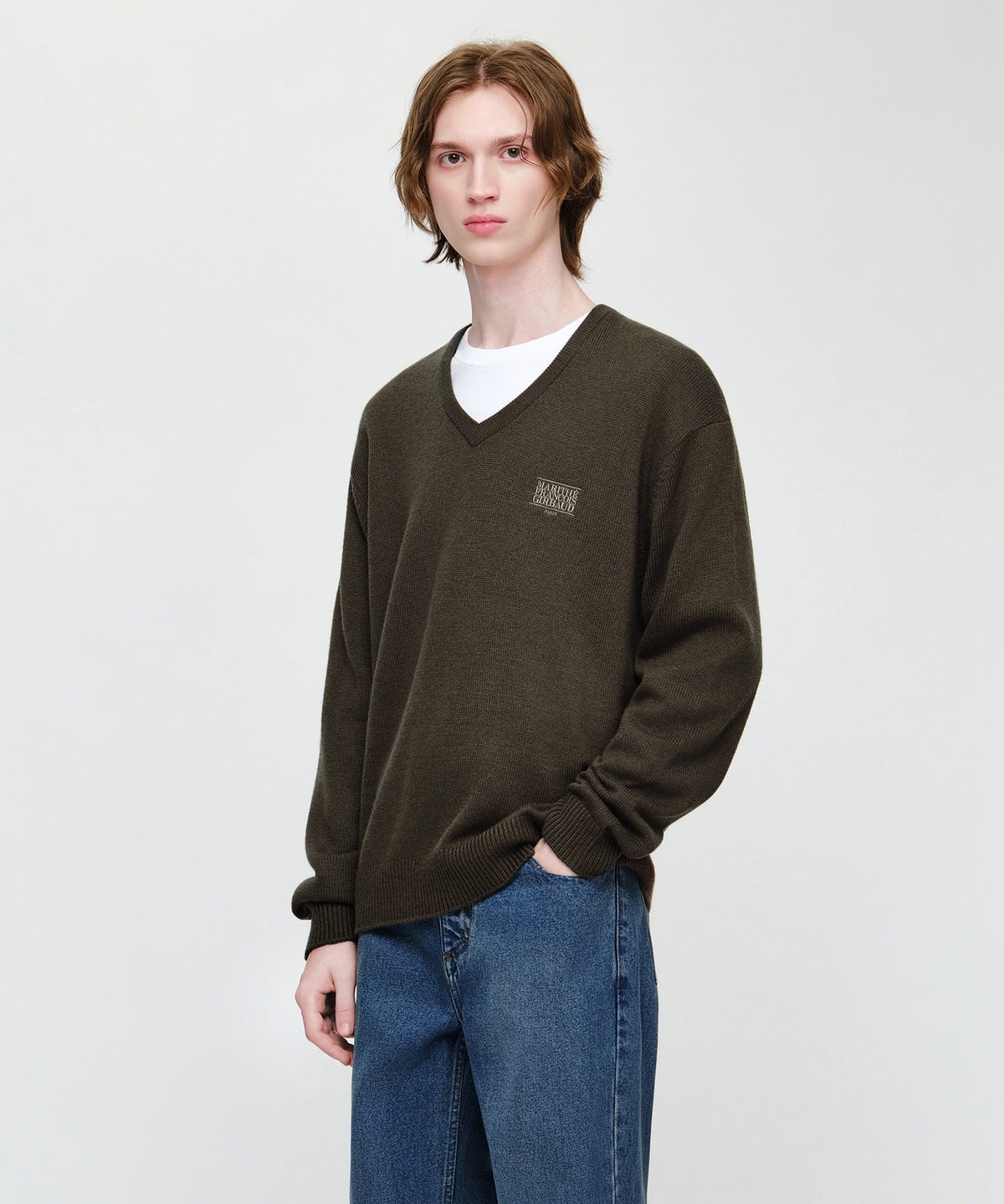 Marithe & Francois Girbaud - Small Classic Logo Oversized V-neck Knit Pullover (Dark Brown) product image 2 | TRAB K-Fashion Australia