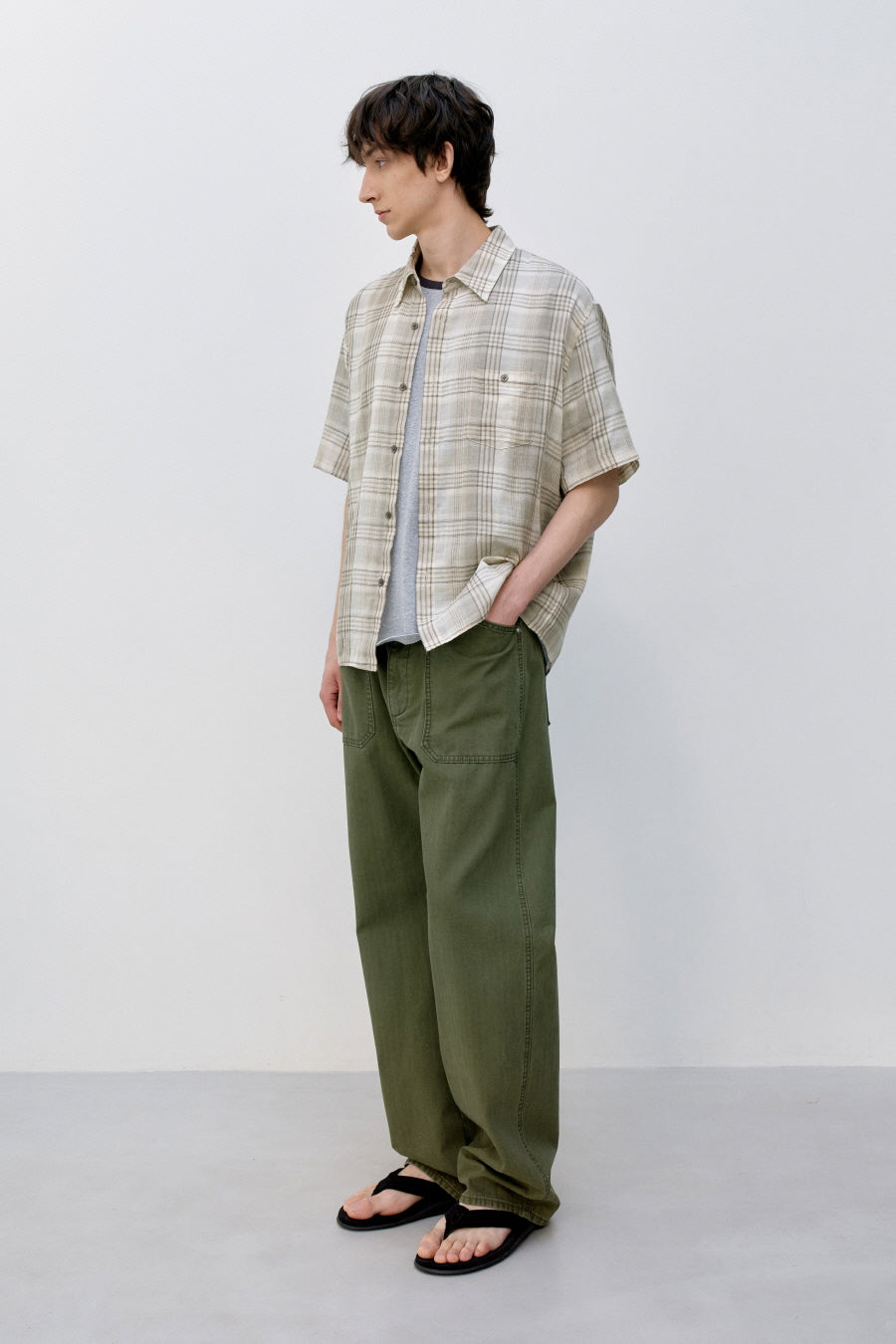 Insilence - Double Cloth Check Shirt (Mint Beige) product image 3 | TRAB K-Fashion Australia