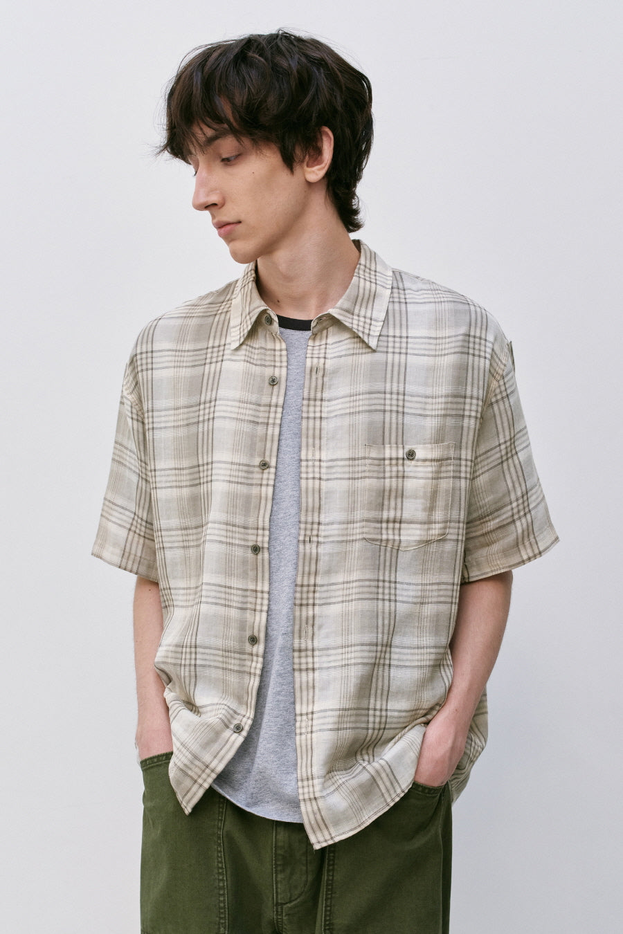 Insilence - Double Cloth Check Shirt (Mint Beige) product image 5 | TRAB K-Fashion Australia