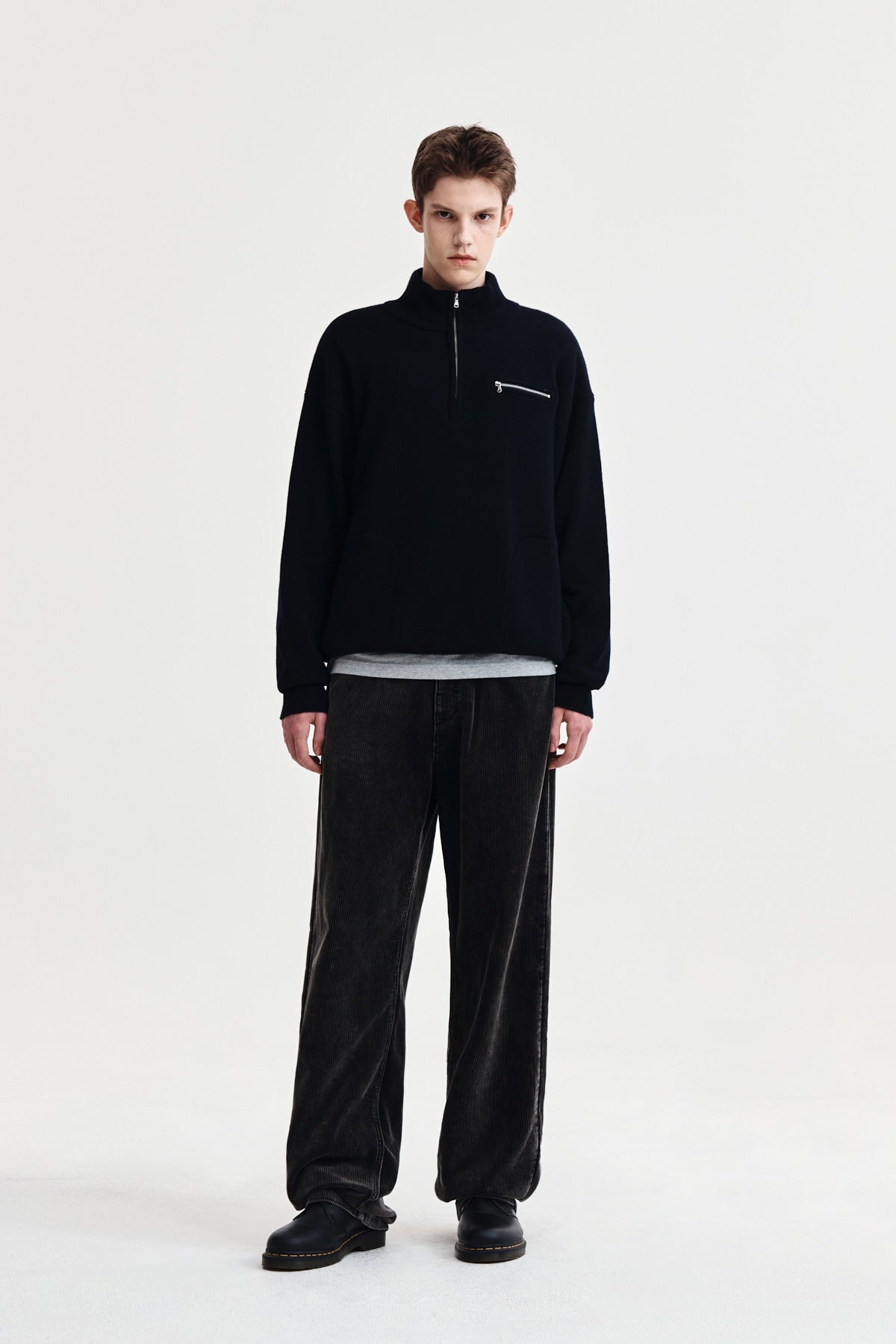 Matin Kim - Back Logo Half Knit Zip Up Pullover (Navy) product image 8 | TRAB K-Fashion Australia