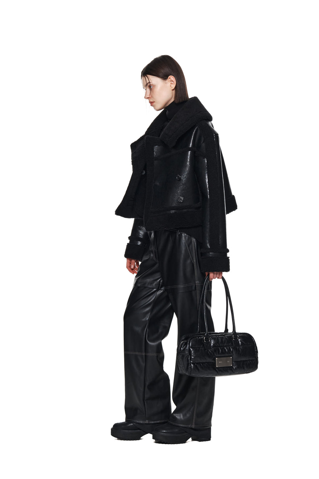 Matin Kim - Waist Unbalanced Leather Pants (Black) product image 9 | TRAB K-Fashion Australia