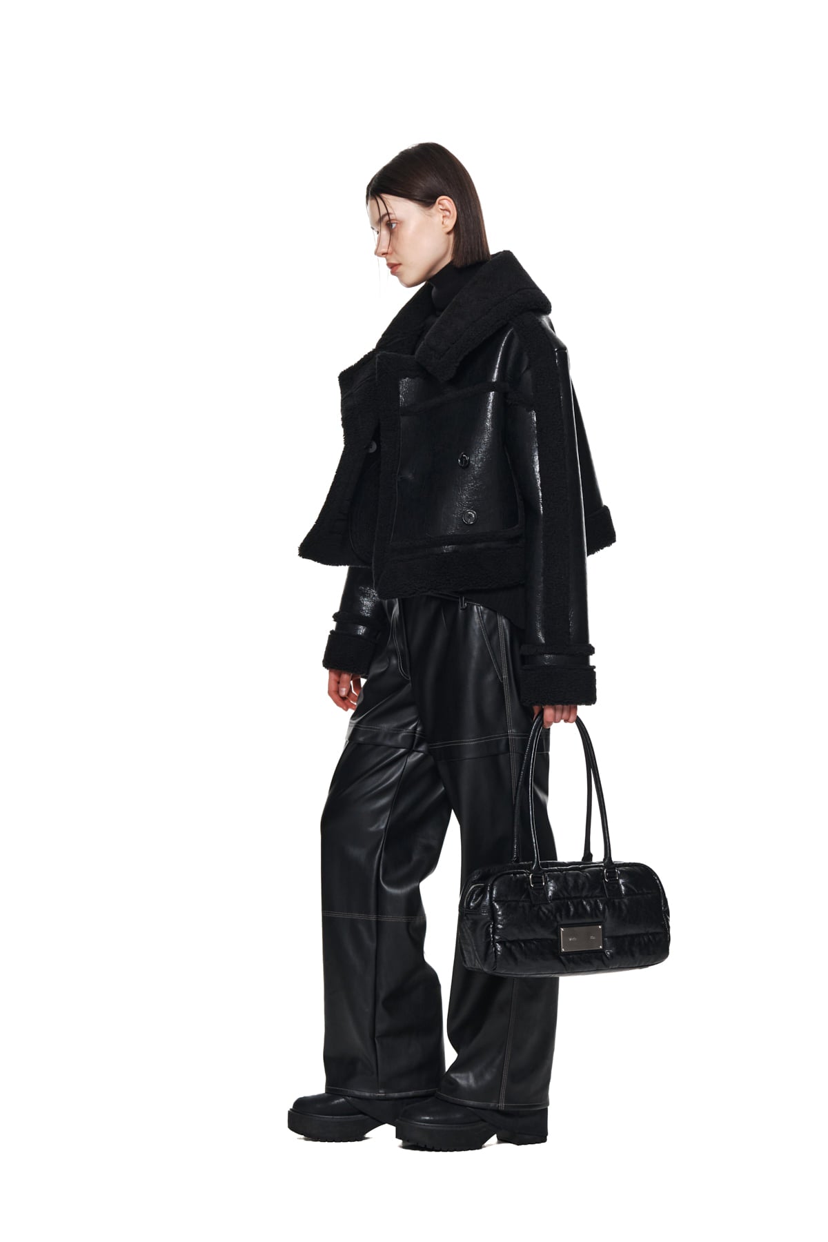 Matin Kim - Waist Unbalanced Leather Pants (Black) product image 9 | TRAB K-Fashion Australia